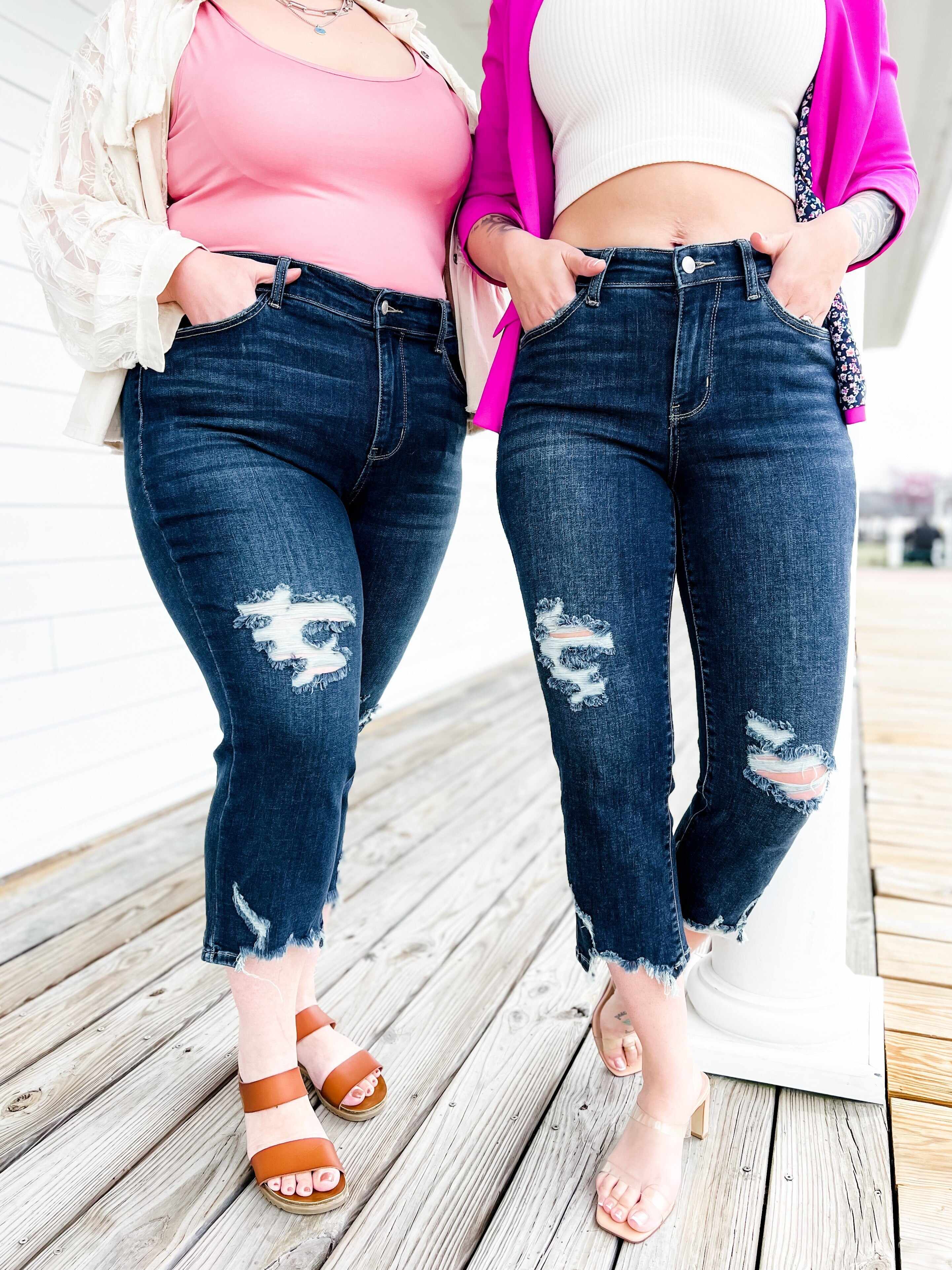 🔥Hot Sales🔥 After Hours Dark Wash Destroyed Hem Cropped Straight Leg Jeans