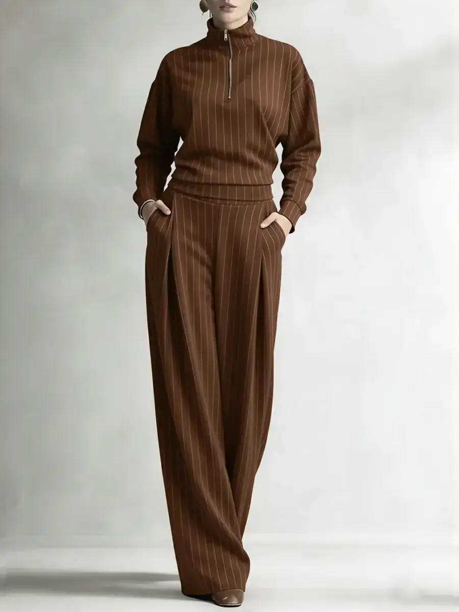 🔥Summer Arrivals🌟Women's Striped Stretch Cotton Half-zip Top And Wide-leg Pants Two-piece Set