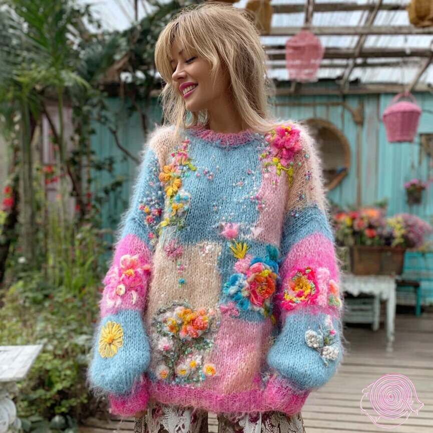 🎉Today's Deal✨Women's Floral Embroidery Patchwork Art Cozy Knit Sweater