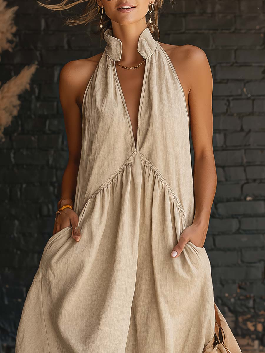 🔥Summer Arrivals🌟Elegant Resort-style Stand-collar Cotton Dress
