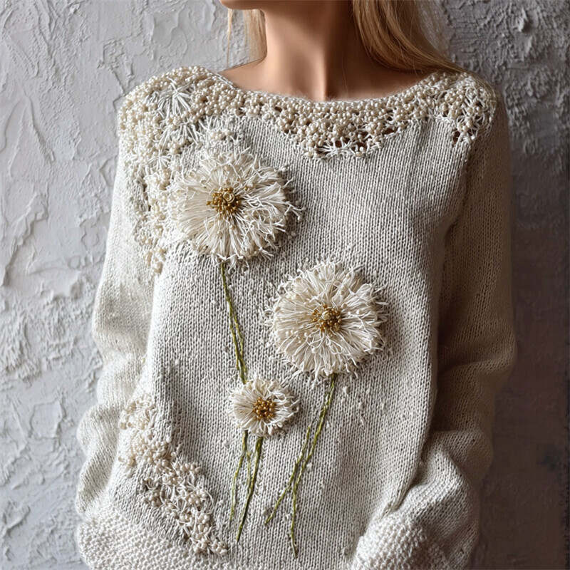 Vintage Dandelion Beaded Embroidered Cozy Knit Sweater