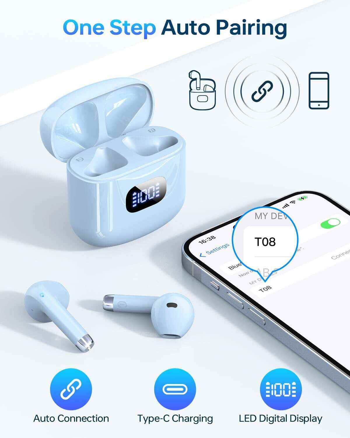 Wireless Earbuds, Bluetooth 5.3 Headphones 40Hrs Playtime with Charging Case, IPX5 Waterproof Stereo in-Ear Earphones with Microphone for iOS Android Cell Phone Sports Workout, Black