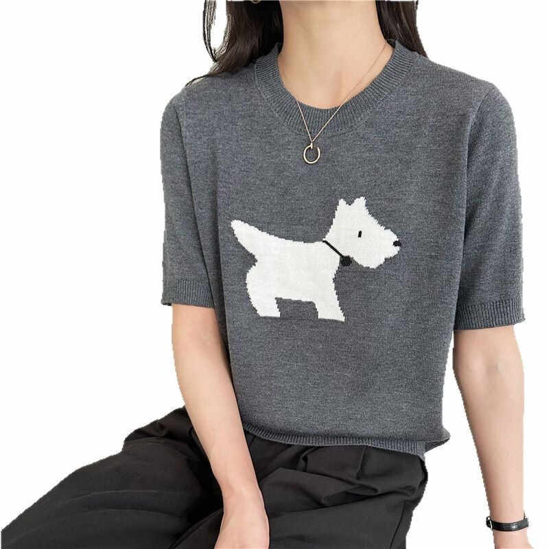 Puppy Jacquard Design Gray Loose Base Knitting Short Sleeve