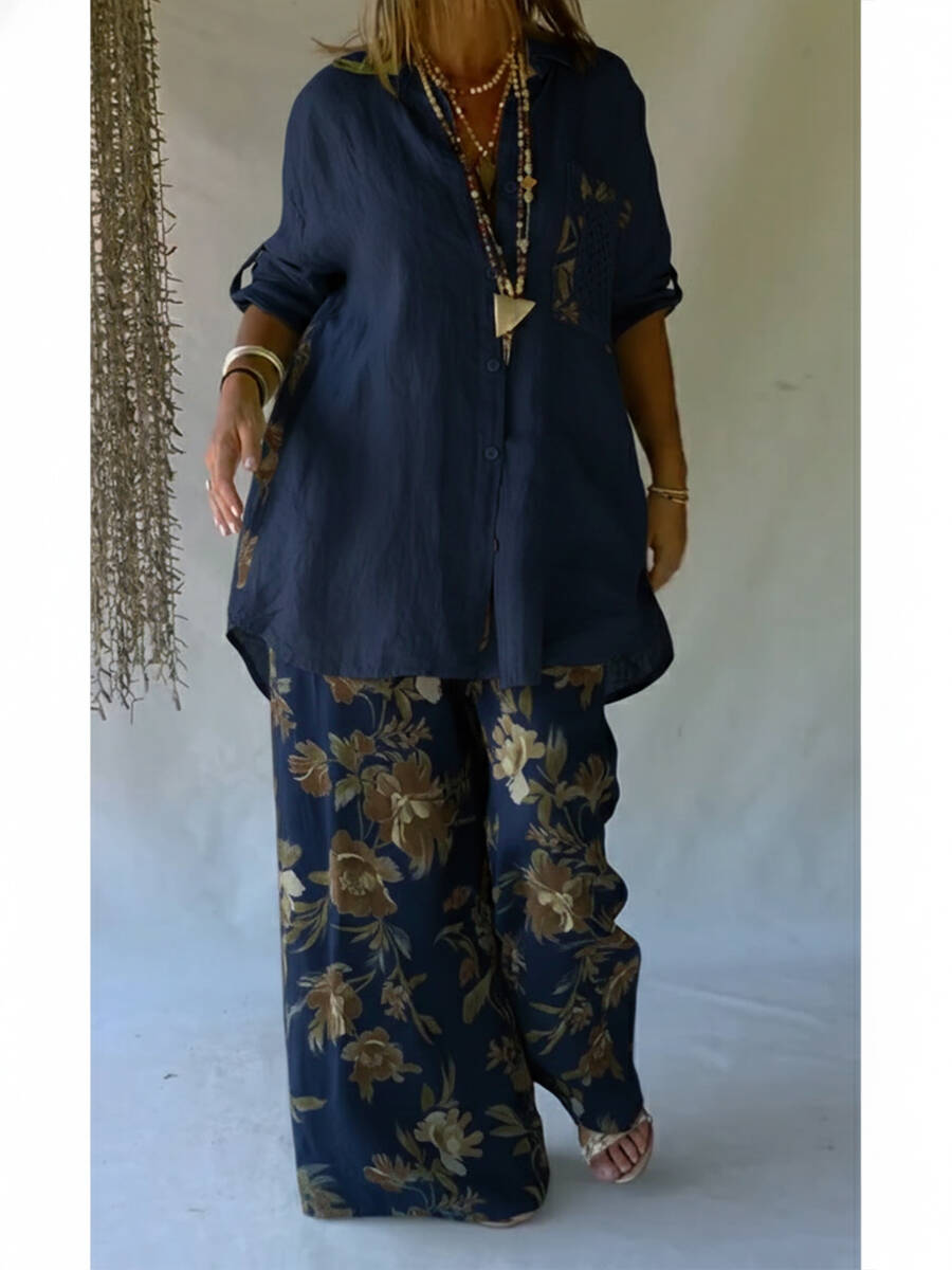 🔥Summer Arrivals🌟Casual Floral Print Linen And Cotton Shirt And Trousers Two-piece Set