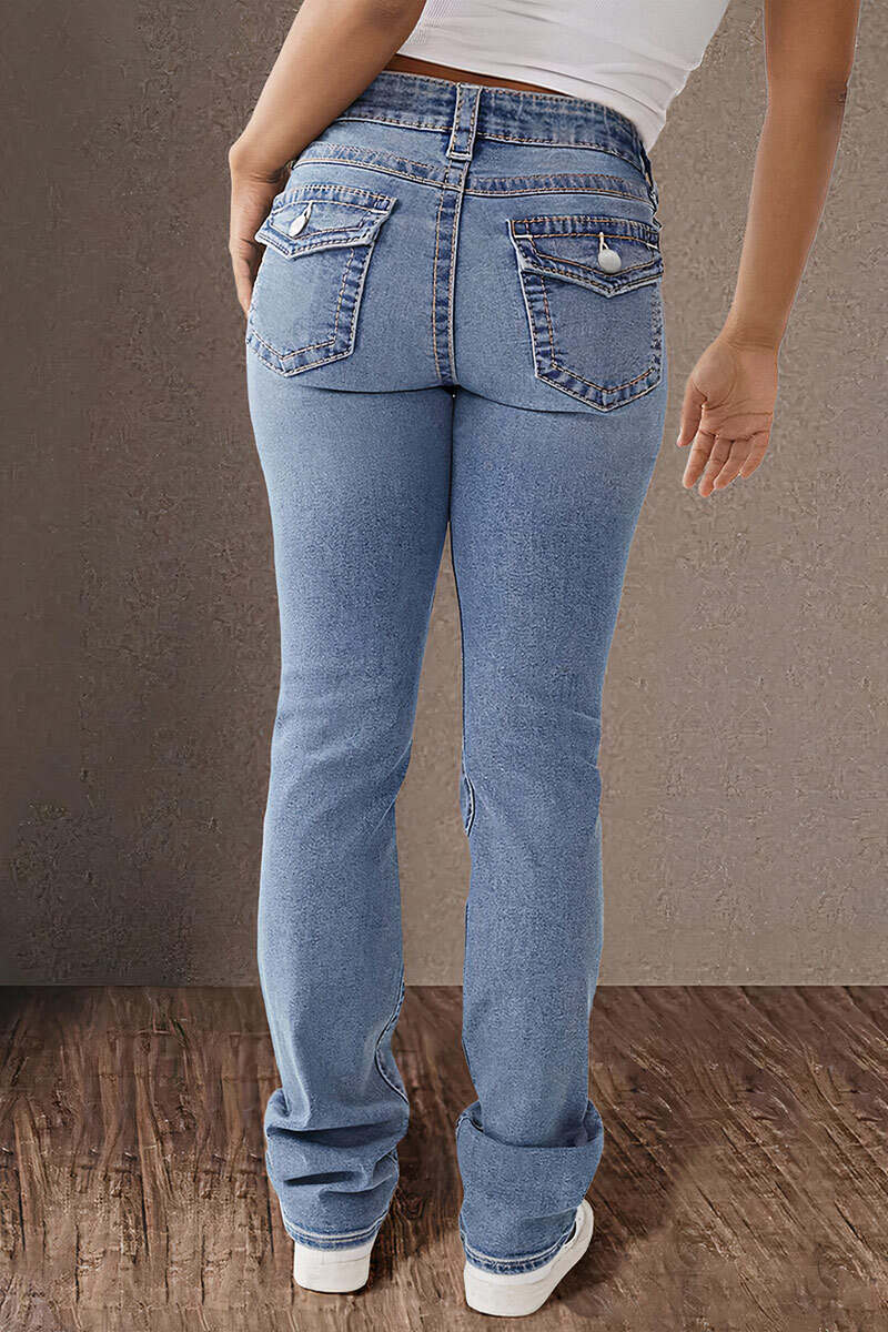 Wash Double Button Flap Pocket Mid Waist Straight Leg Jeans