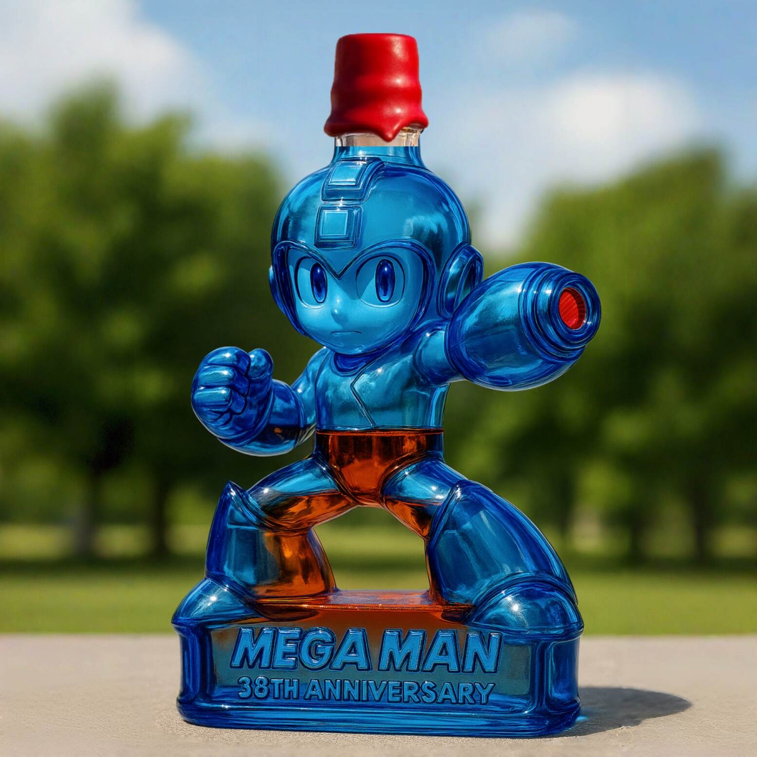 Mega Man 38th Anniversary Whiskey Bottle
