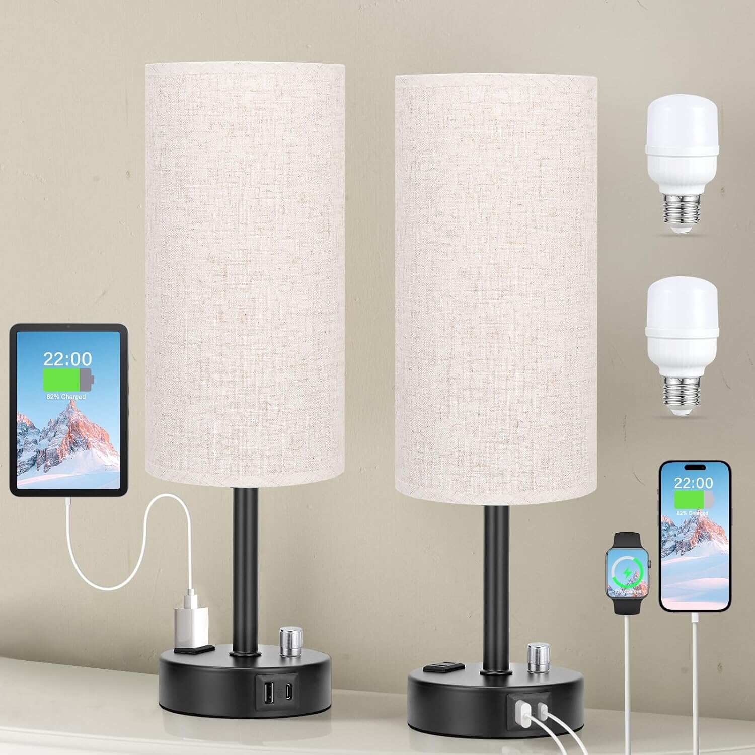 Bedside Table Lamp for Bedroom - 3 Way Dimmable Touch Lamp USB C Charging Ports and AC Outlet, Small Lamp Wood Base Round Flaxen Fabric Shade for Living Room, Desk, LED Bulb Included