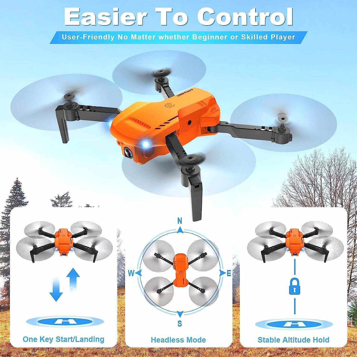 Mini Drone with Camera - 1080P HD FPV Foldable Drone with Carrying Case, 2 Batteries, 90° Adjustable Lens, One Key Take Off/Land, Altitude Hold, 360° Flip, Toys Gifts for Kids and Adults
