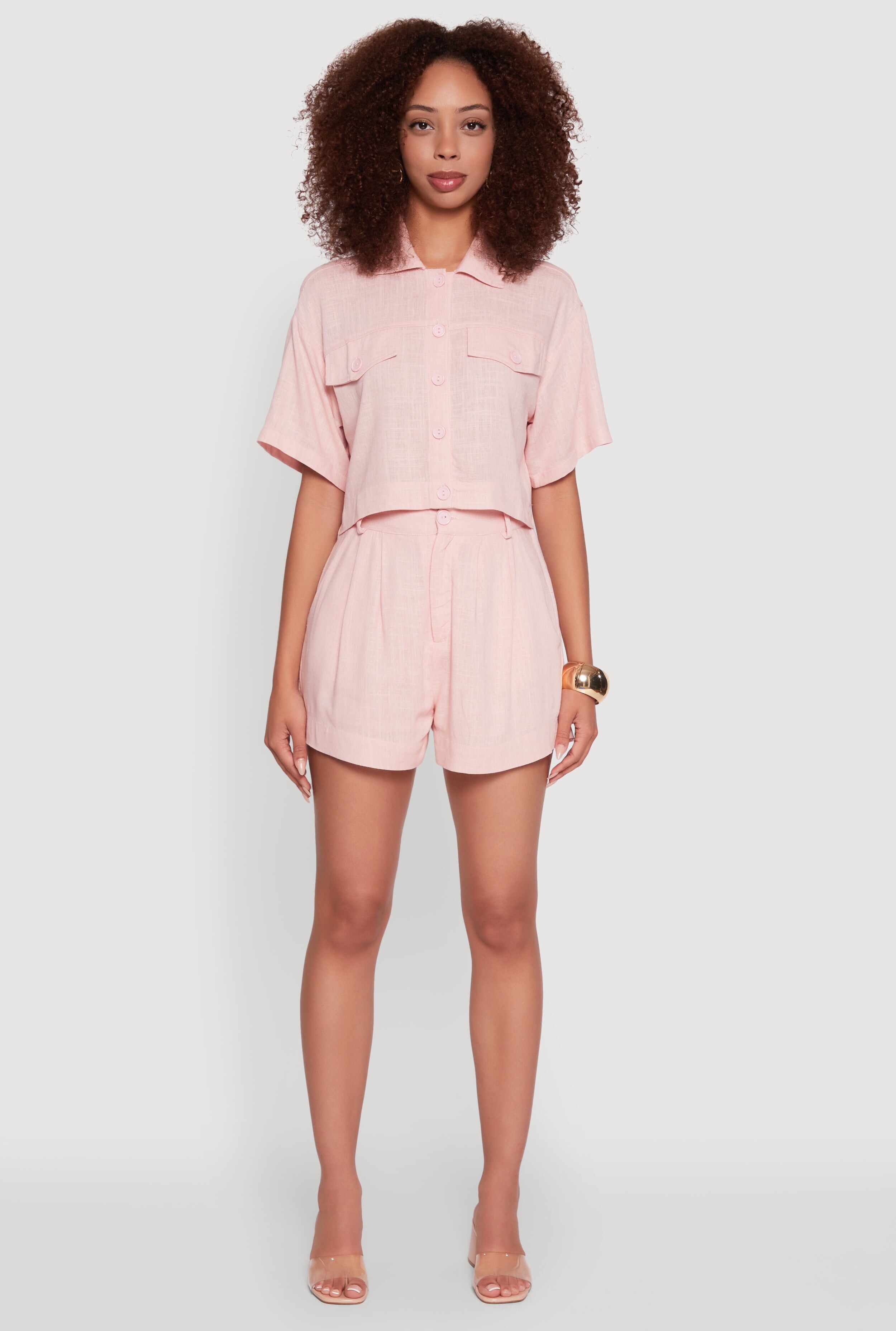 Trendy Linen Flap Detail Button Front Cropped Shirt