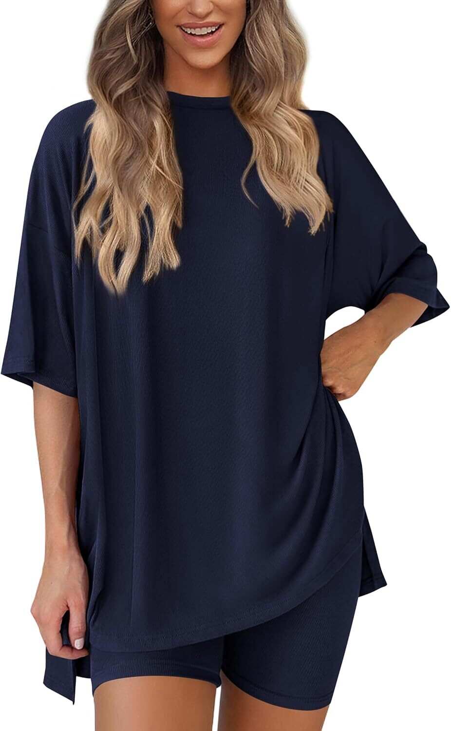 🔥Flash sale🔥Women's Two Piece Lounge Set 2026 Summer Casual Oversized Shirts  Biker Shorts Matching Airport Travel Outfit