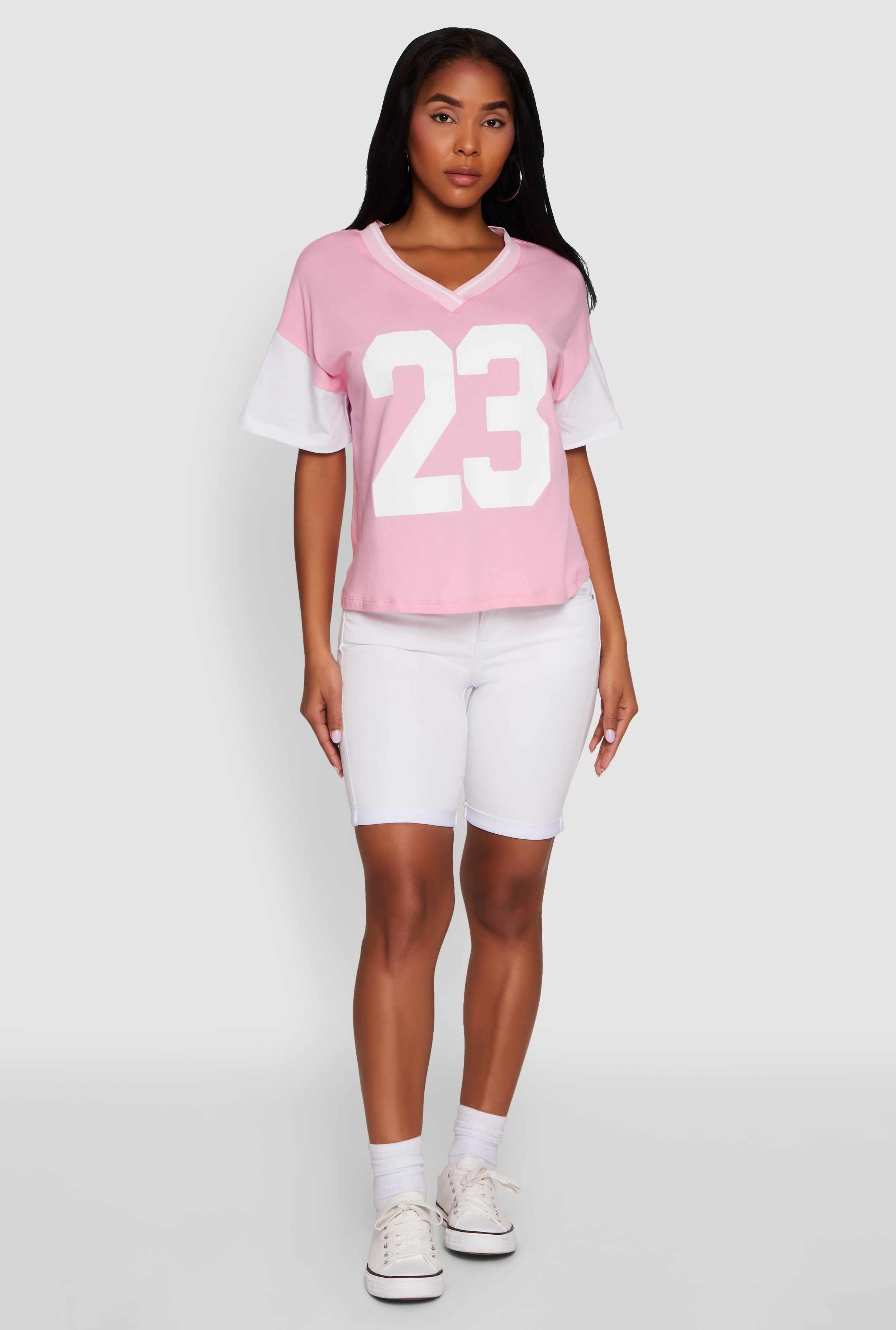 Trendy 23 Graphic V Neck Baseball Tee