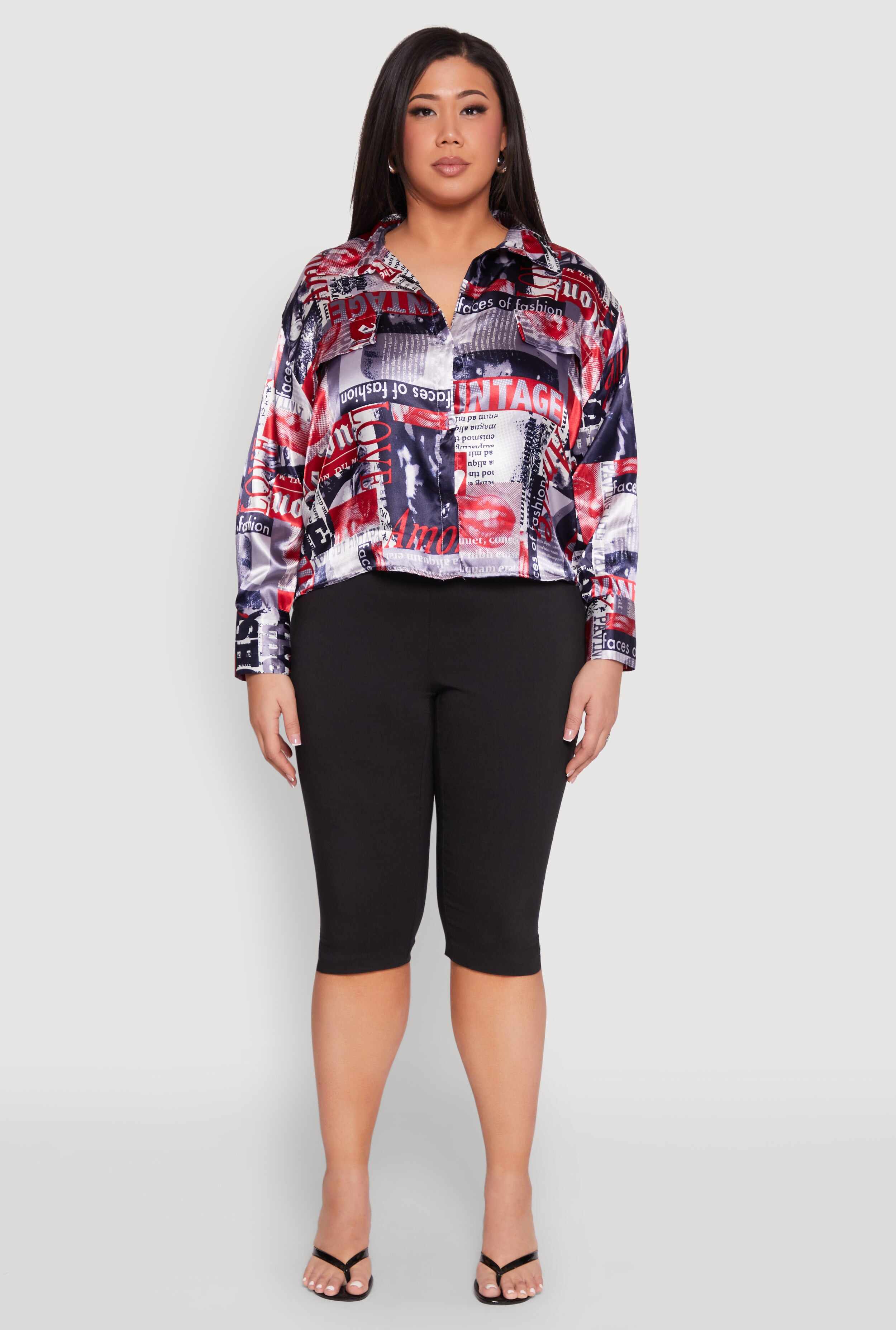 Plus Size Newspaper Print Satin Shirt