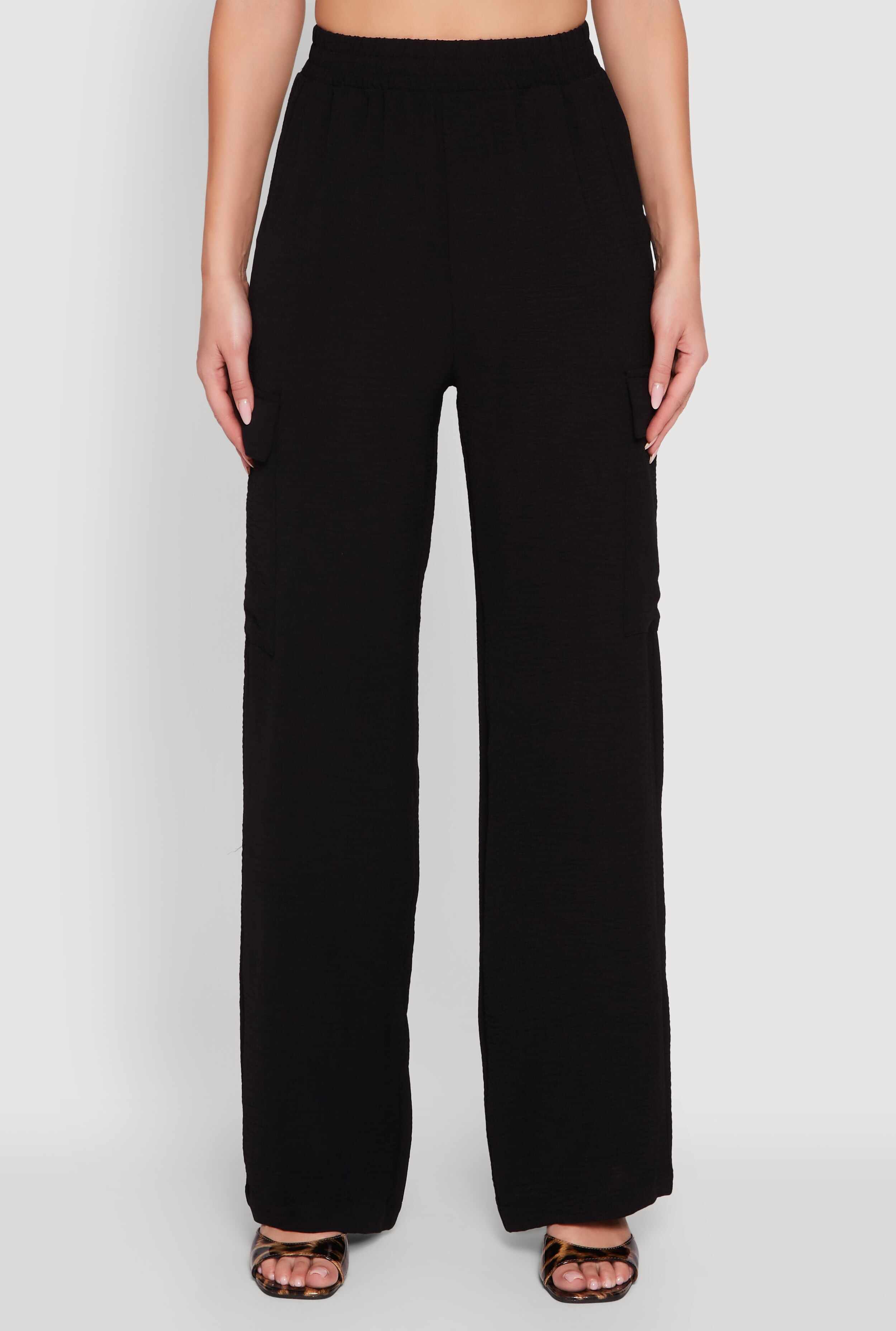 High Waisted Wide Leg Crepe Knit Cargo Dress Pants