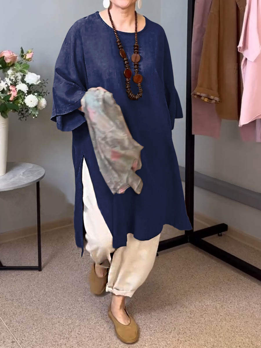 🔥Summer Arrivals🌟Women's Solid Color Round Neck 3/4 Sleeves Casual Linen Slit Long Top