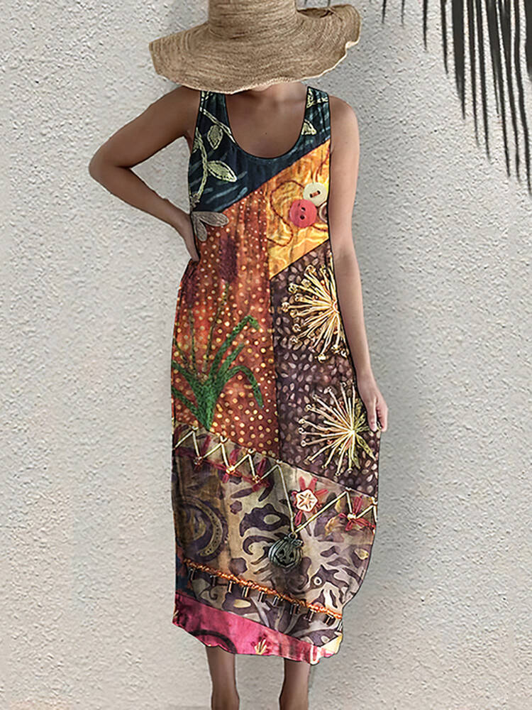 Vintage Bohemian Geometric Art Linen Blend Dress