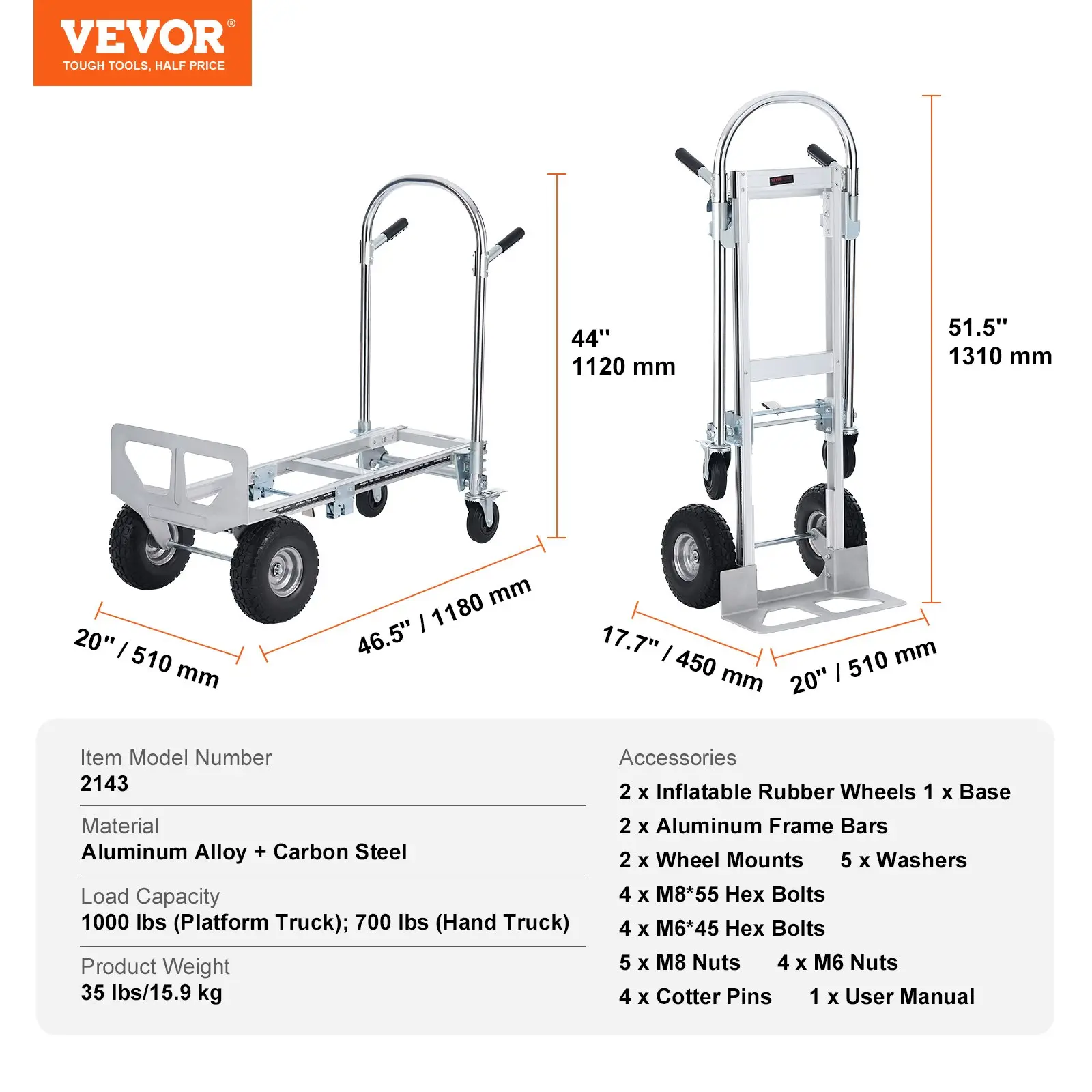 Aluminum Folding Hand Truck, 2 in 1 Design Max 800 lbs Capacity, Heavy Duty Industrial Collapsible cart, Dolly Cart with Rubber Wheels for Transport and Moving in Warehouse, Supermarket, Garden