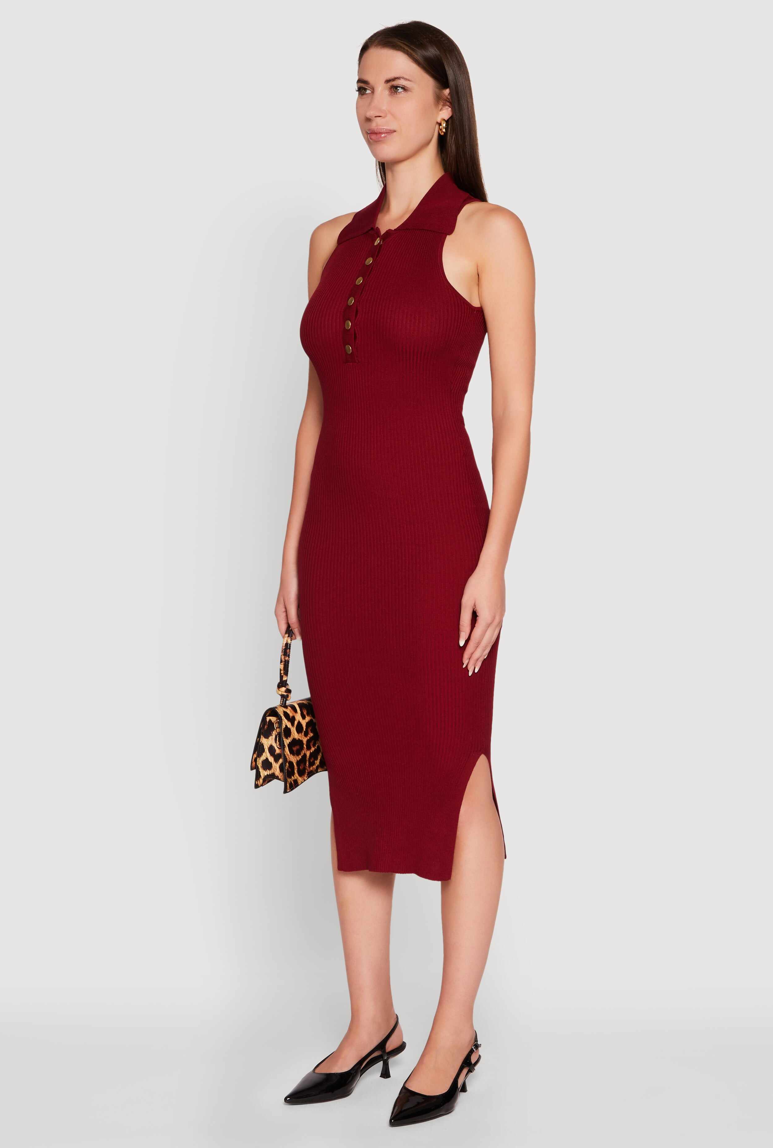 Ribbed Knit Sleeveless Midi Dress with Collar and Side Slit