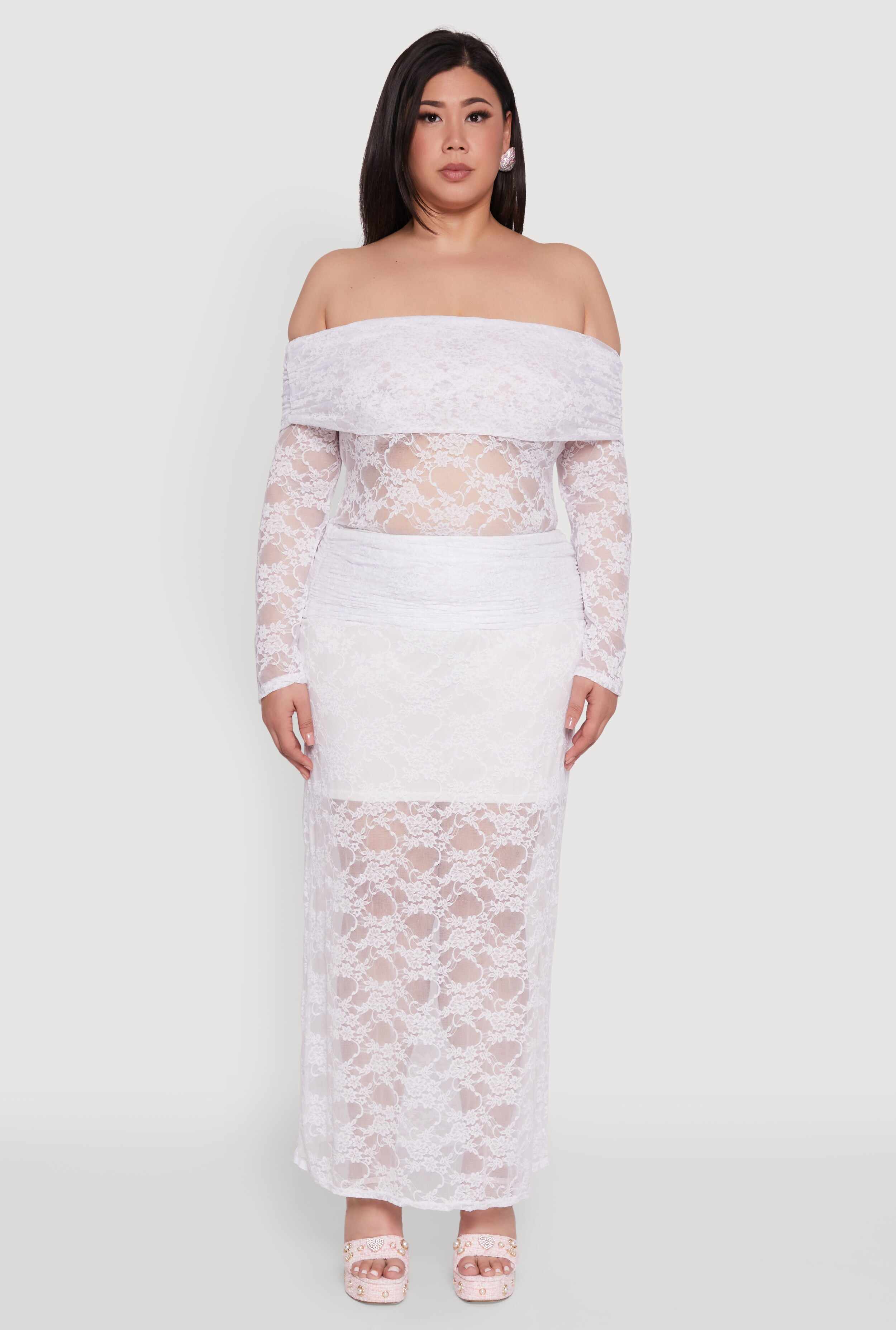 Plus Size Lace Fold Over Off The Shoulder Blouse
