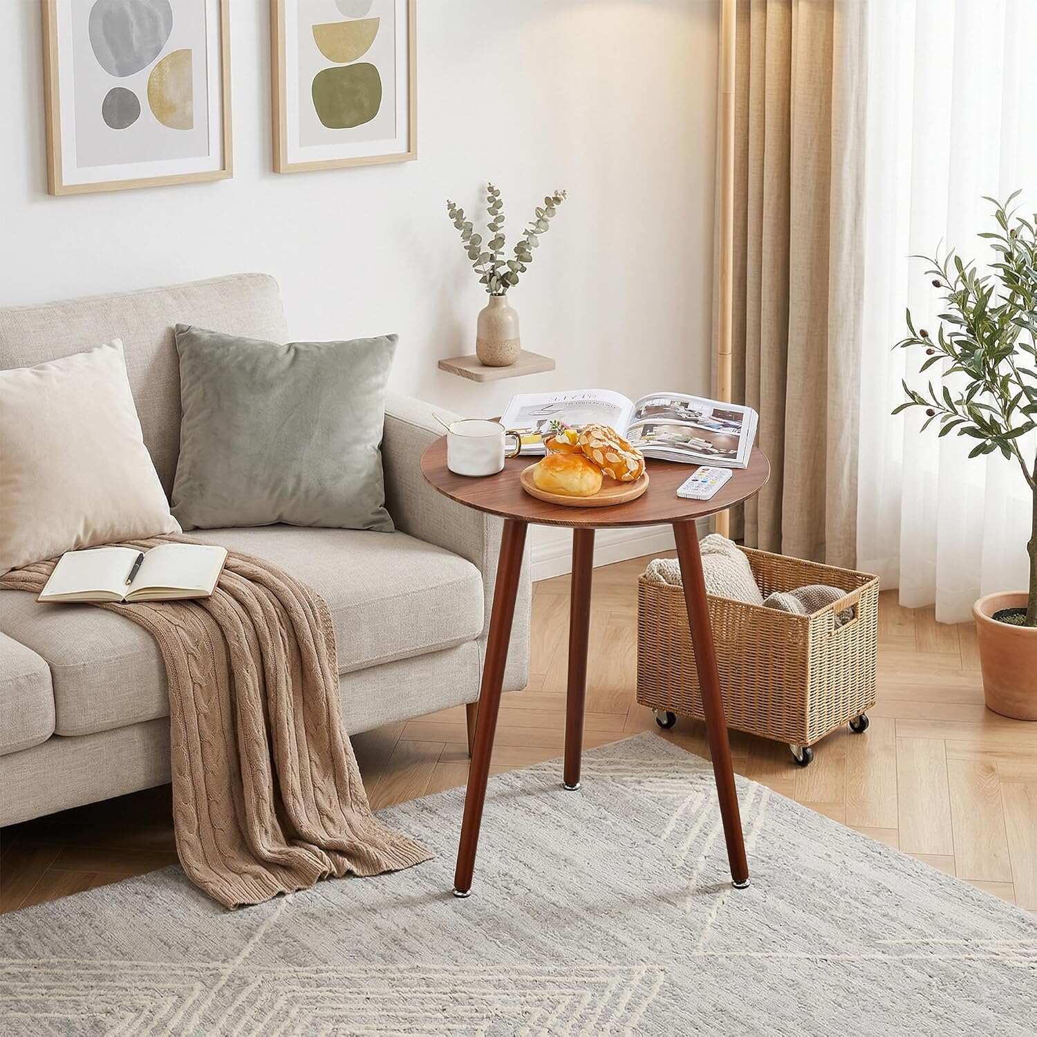 VECELO Round Wooden Side End Table with Adjustable Foot for Indoor Outdoor