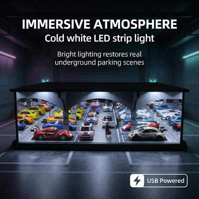 1:64 Scale Premium Parking Garage Diorama Display Case with LED Lighting – High-Transparency Dust-Proof Showcase for Diecast Cars