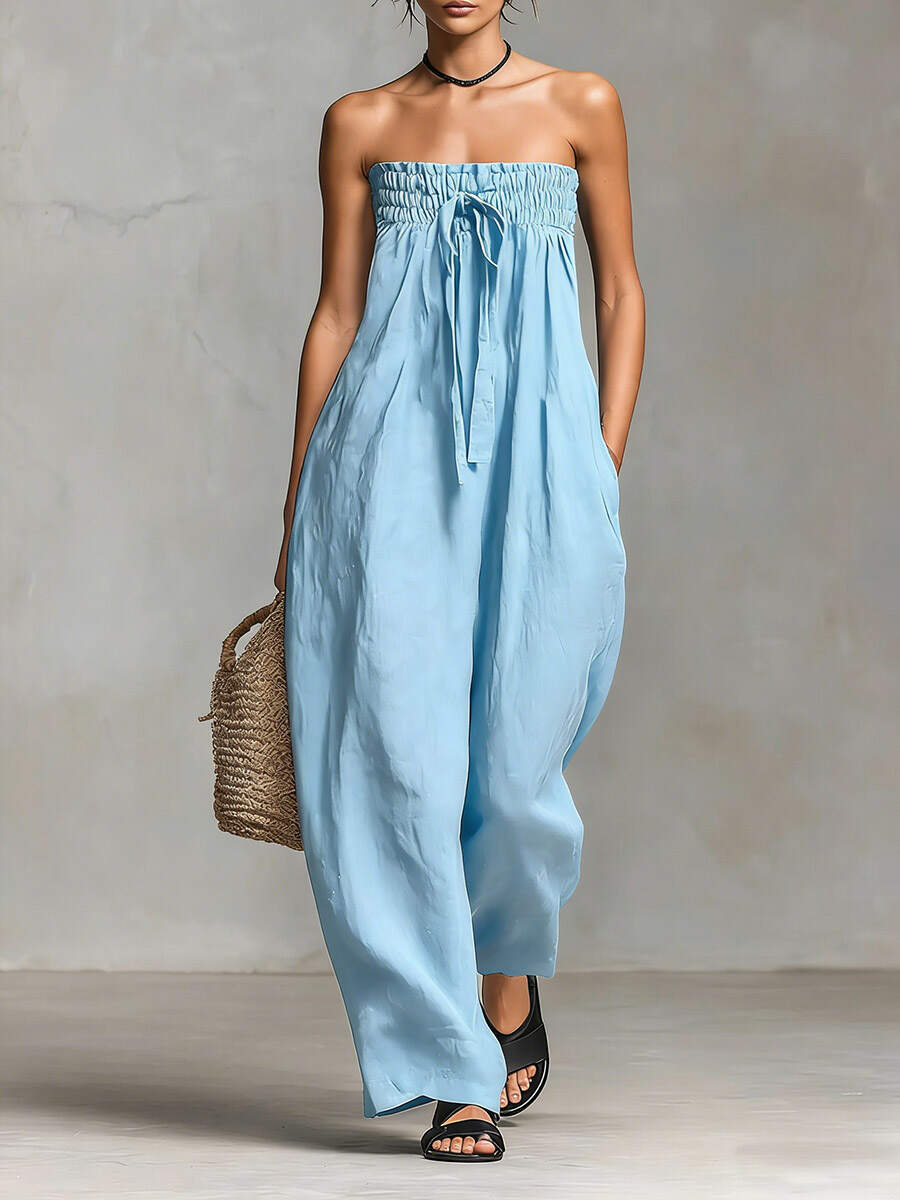 🔥Summer Arrivals🌟Women's Solid Color Strapless Casual Loose Cotton And Linen Jumpsuit