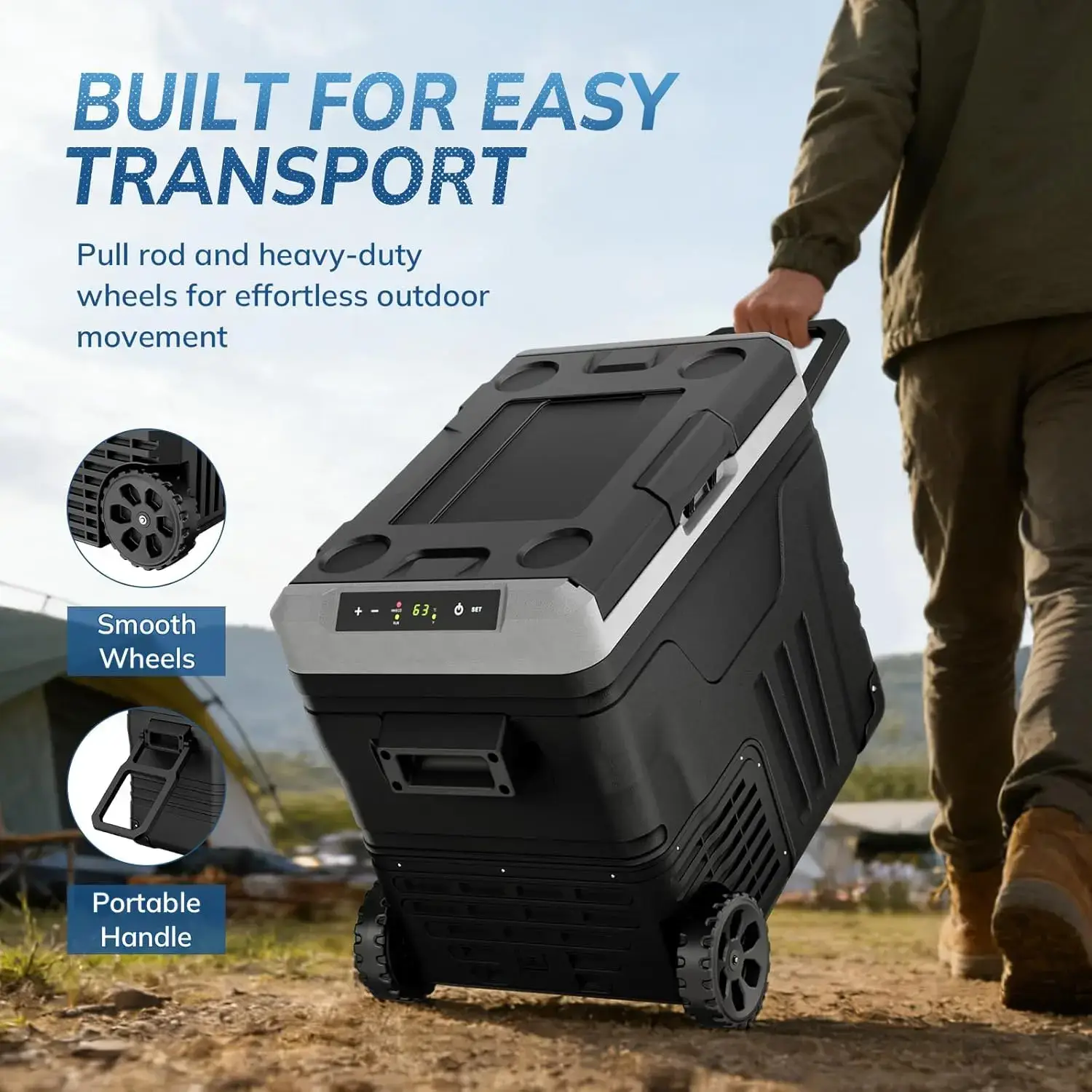12V Portable Car Refrigerator, 23L/35L/50L Available, Dual DC 12V/24V & AC 110-240V Power Supply, Cooling Range -4°F to 68°F, Built-in Wheels & 2 Storage Baskets, Compact Fridge for RV, Truck, Travel & Boat