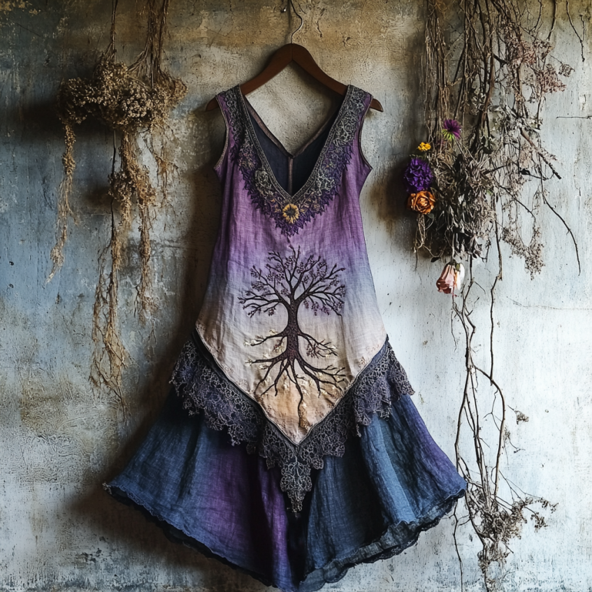 Vintage Viking Tribal Celtic Knot Life Of Tree Lace Patchwork Art Linen Tank Dress