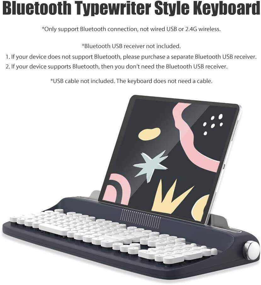 Typewriter Keyboard Wireless Bluetooth 5.0 Retro Aesthetic Cute Kawaii Round Keycaps 106-Key with Num Pad Clicky Mechanical Feeling with Pad/Phone Holder for Windows/Mac OS/Android/iOS (Mint)