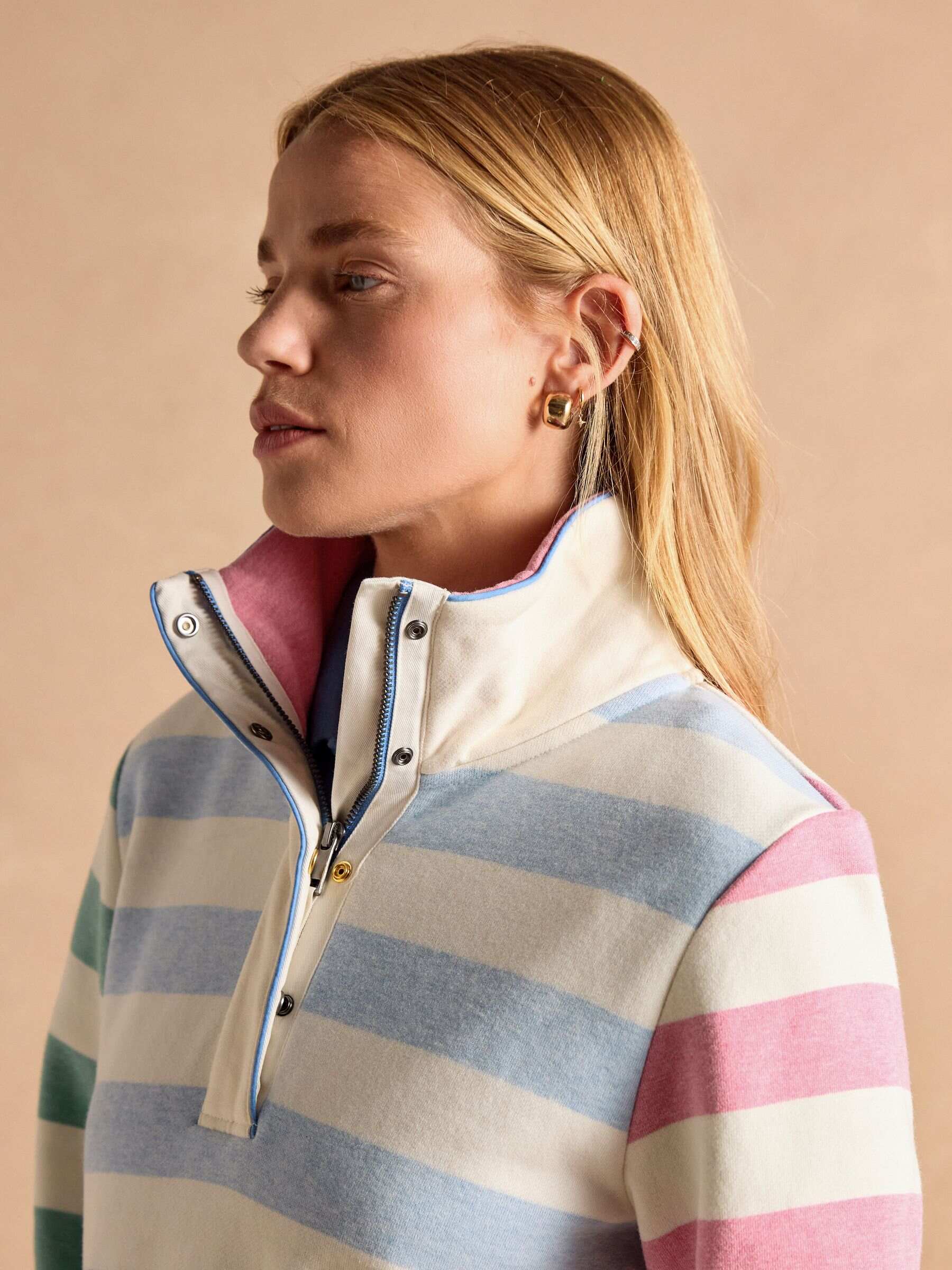 Burnham White & Blue Stripe Cotton Funnel Neck Quarter Zip Sweatshirt