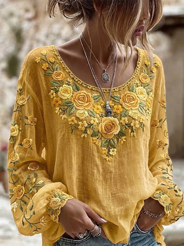 Digital Print Women's Round Neck Retro Bohemian Top