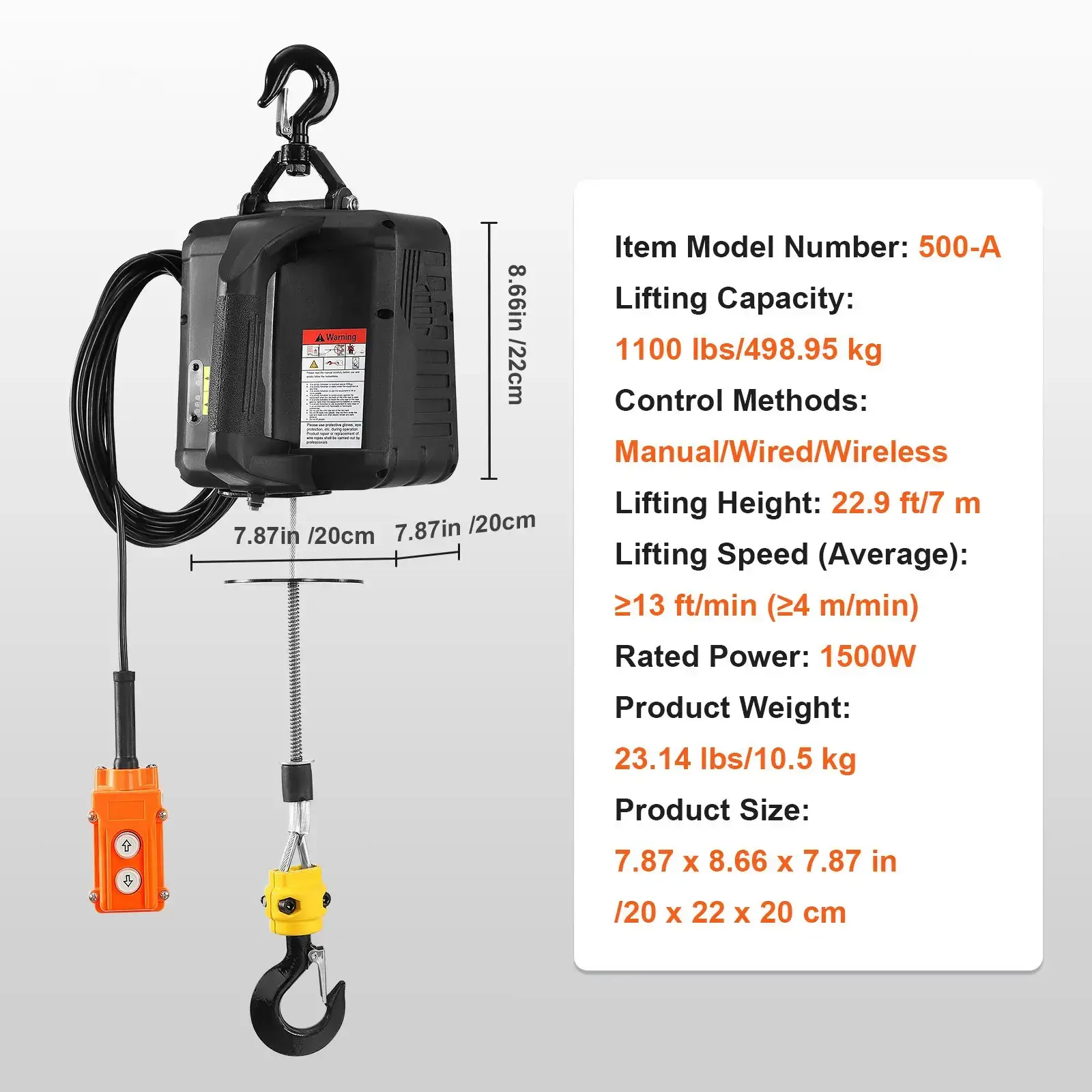 3-in-1 Electric Hoist Winch, Summervibes,Summervibes, 1100lbs 1500W Portable Power Winch Crane, 110V/120V 22.9 ft Lifting Height, 13 ft/min with Manual, Wired and Wireless Remote Control, Overload Protection