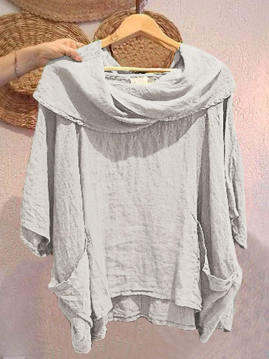 🔥Summer Arrivals🌟Women's Solid Color Draped Neck 3/4 Sleeve Comfortable Casual Linen Pocket Top