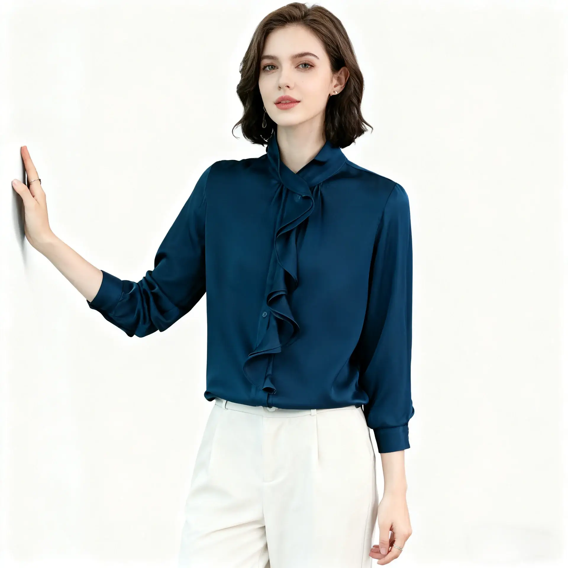 Ruffled Silk Blouse Solid Color