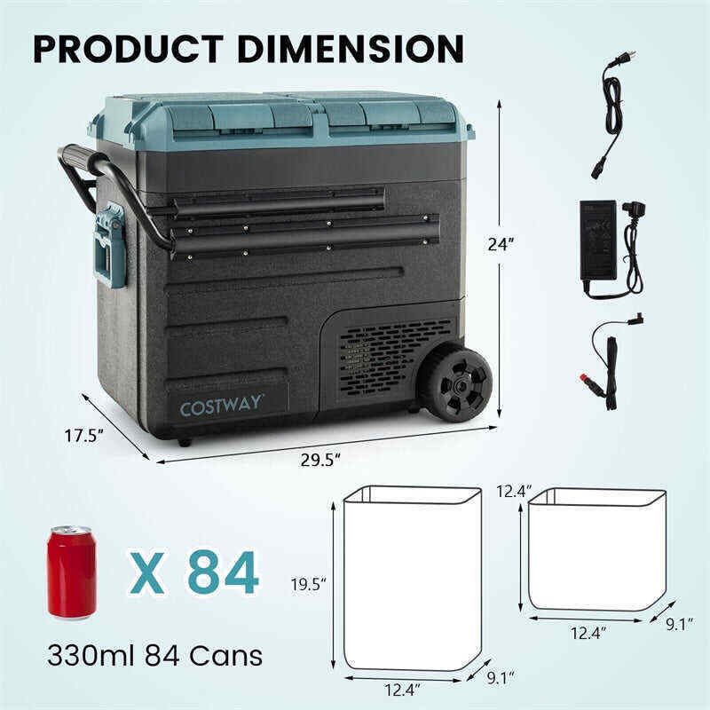 61 Quart Portable Car Refrigerator with Wheels 12/24V DC & 110-240V AC Dual-zone Electric Car Cooler Fridge for RV Camping Travel Home