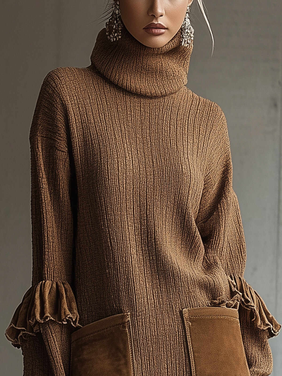 Brown Knit Turtleneck Dress With Ruffle Hem And Suede Pockets