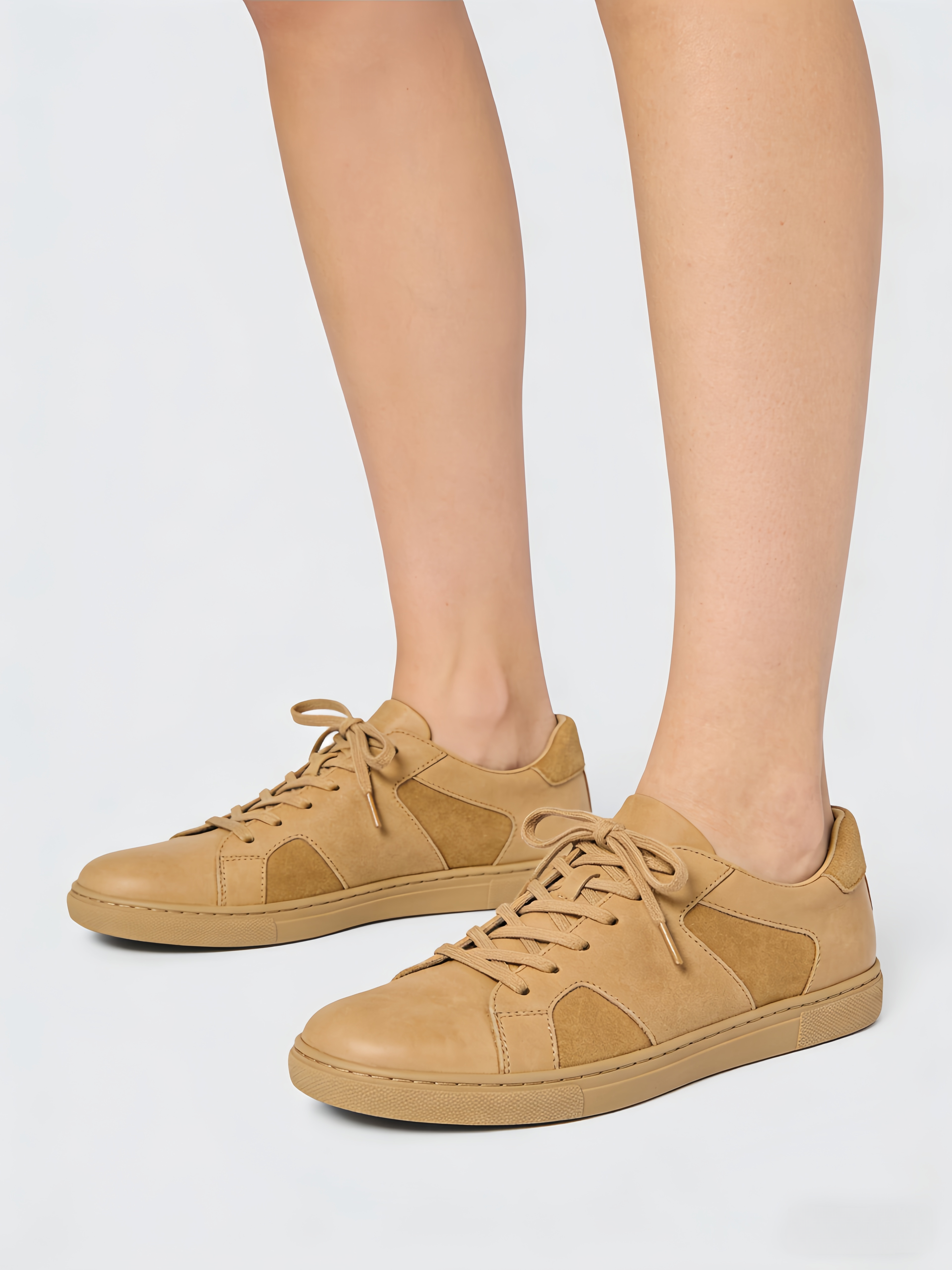 Casual Lace Up Splicing Flat Shoes Khaki Cowhide Leather