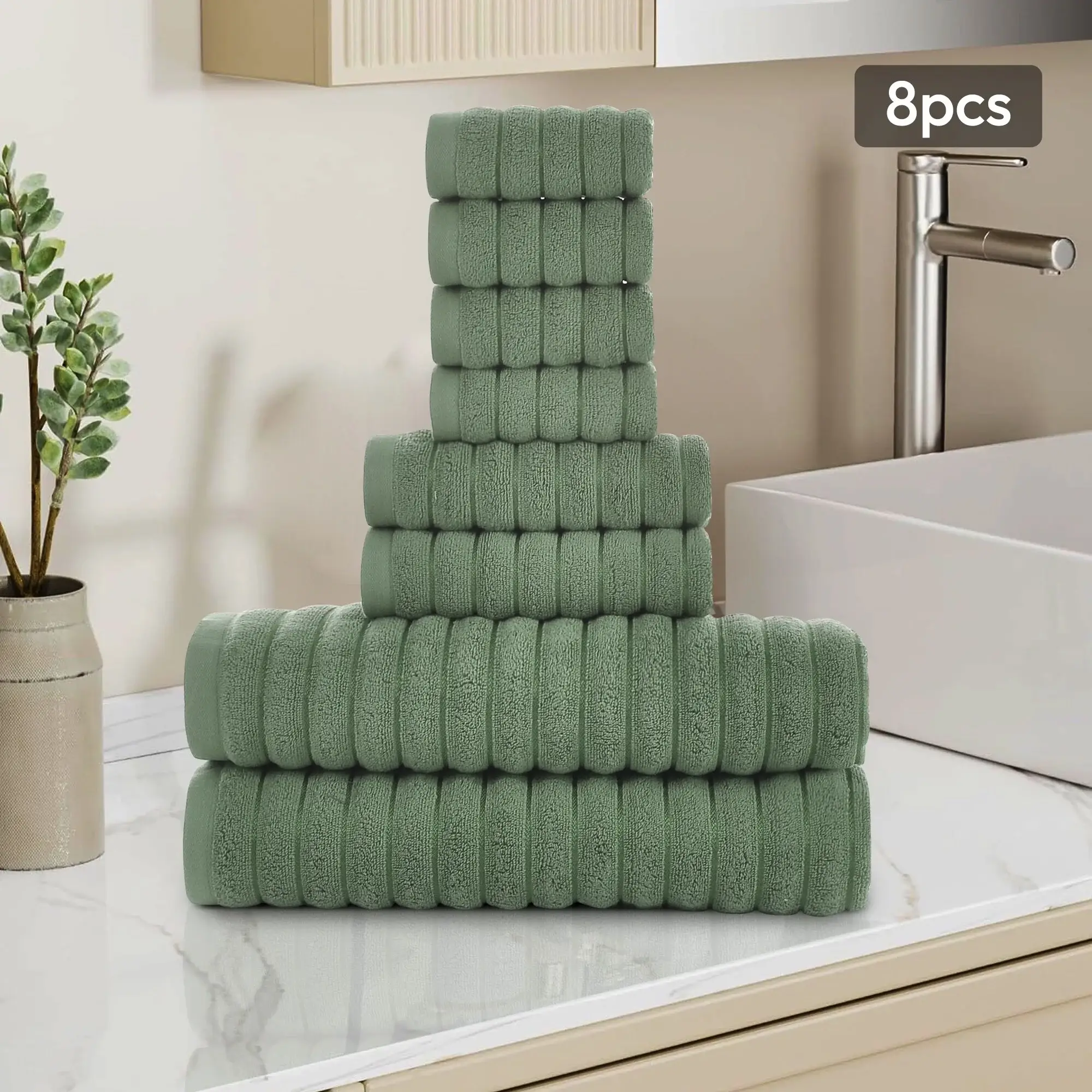 8 Piece Oversized Bath Towel Set, 100% Cotton Bath Towels, Highly Absorbant Bordered Towels