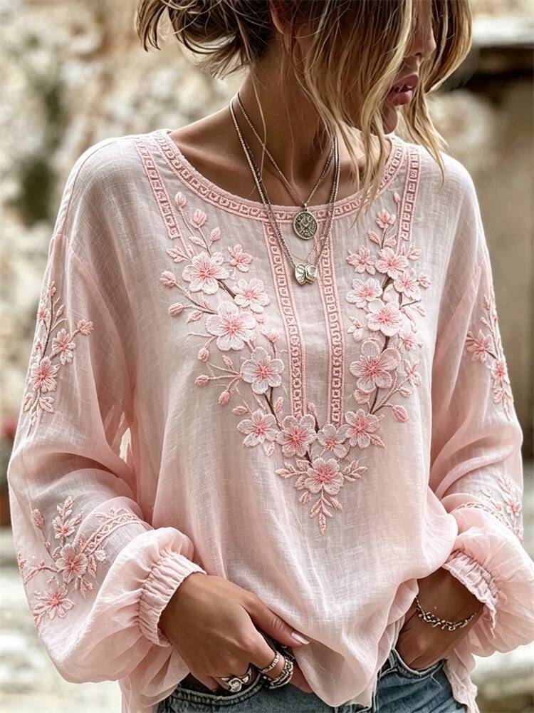 Digital Print Women's Round Neck Retro Bohemian Top