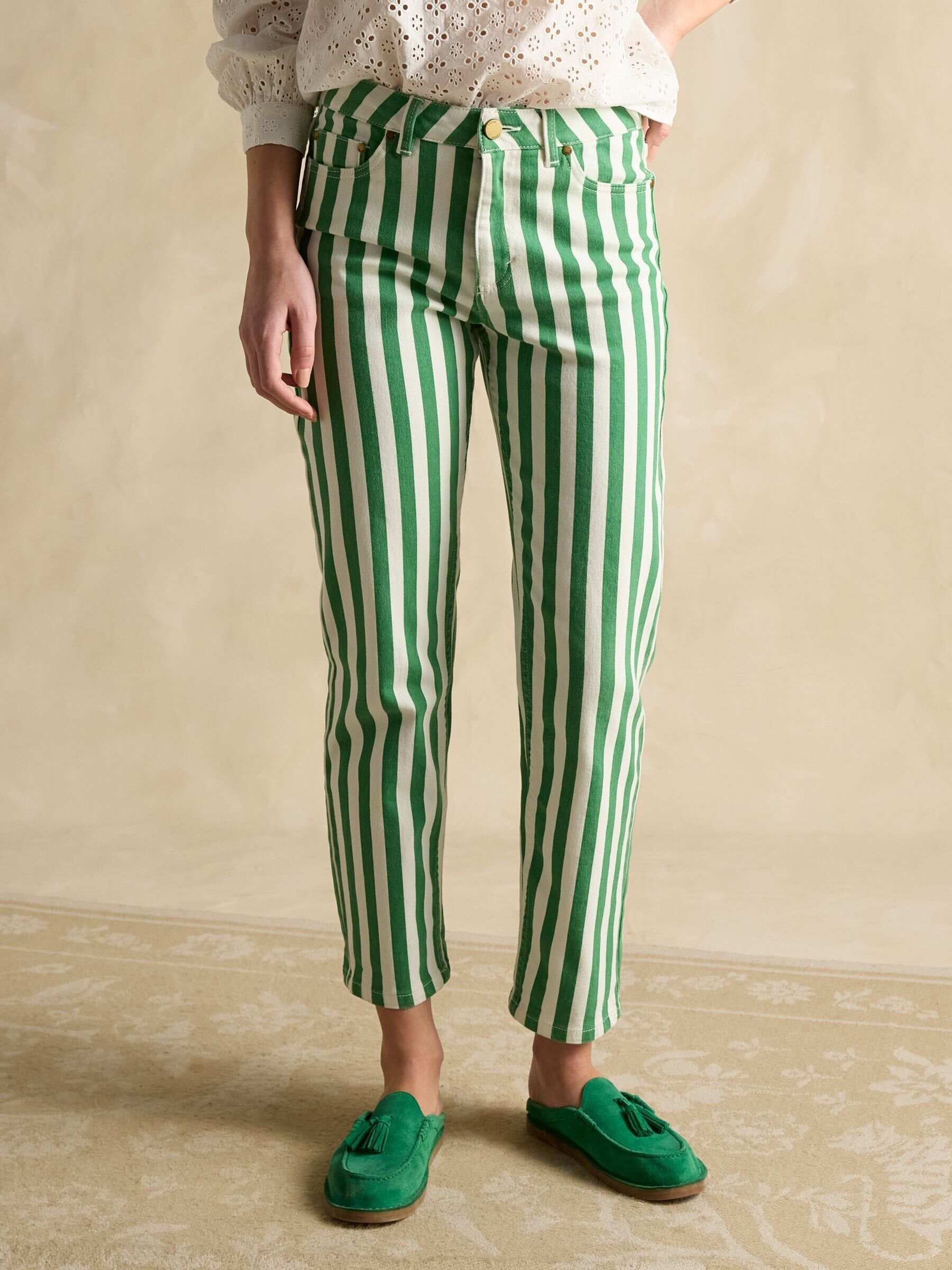 Green Stripe Straight Fit Mid Rise Jeans