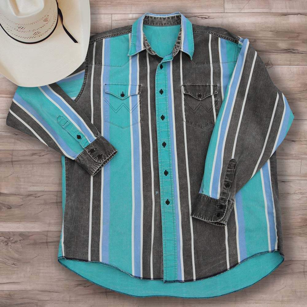 Men's Casual Western Blue Black Striped Shirt