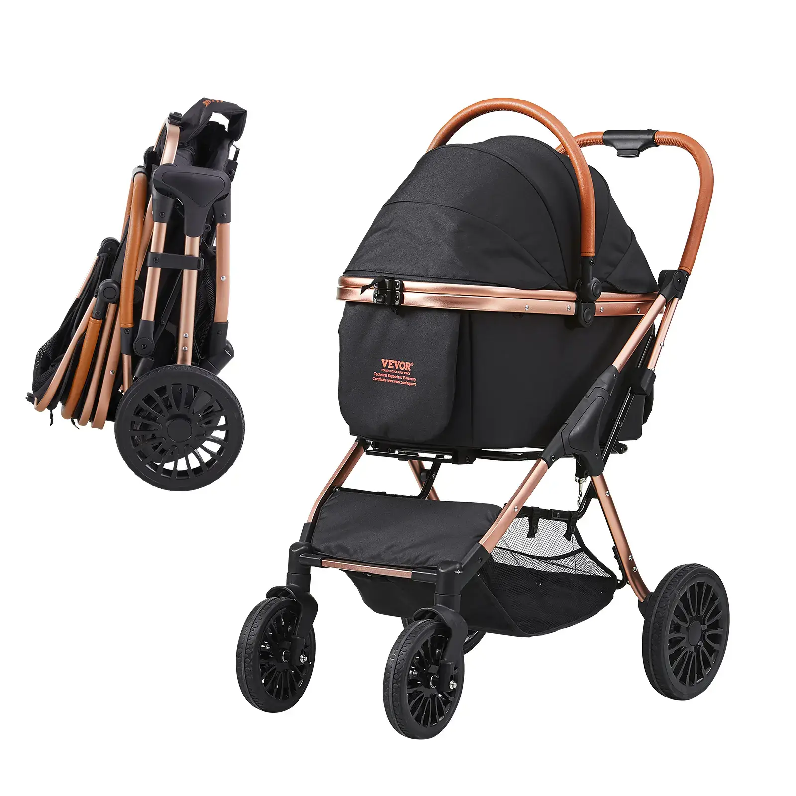 Pet Stroller,  4 Wheels Dog Stroller Rotate with Brakes, 66 lbs Weight Capacity, Puppy Stroller with Detachable Carrier, Storage Basket and Pet Pad, for Small to Medium Sized Dogs, Black