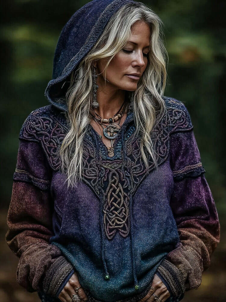Women's Viking Celtic Knot Art Knitted Warm Hooded Sweater