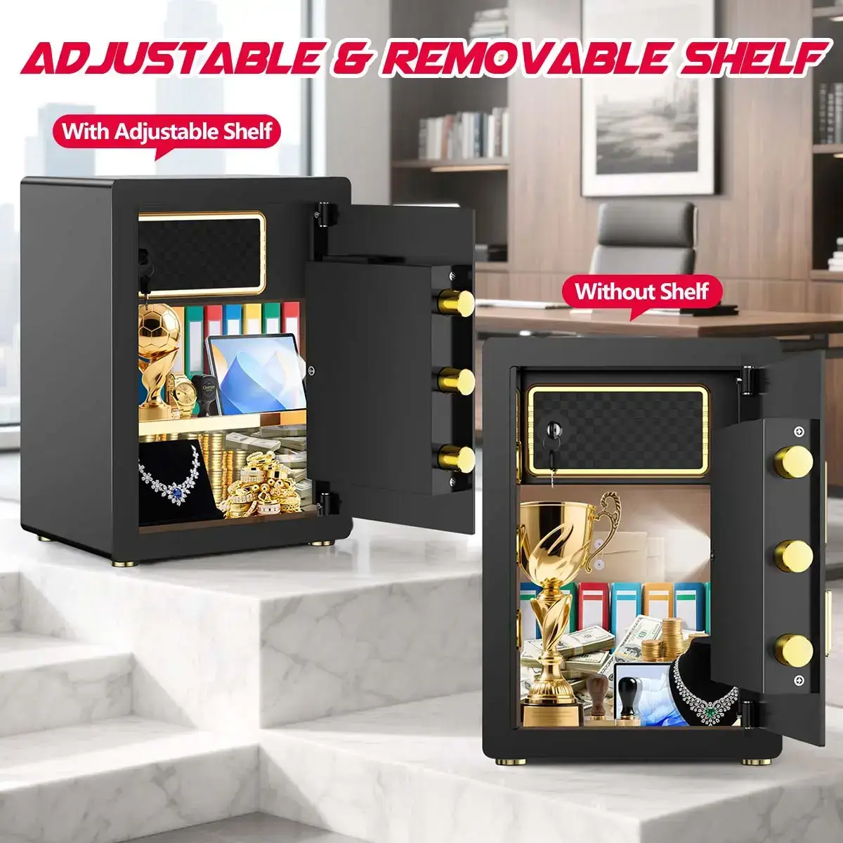 Large Safe Box, Digital Keypad Home Security Safe With Smart Alarm System & Interior Safe Lock Box, for Valuables Spy Gadgets Inner Safe Box with Fireproof Waterproof Bag, New Home Renovation Essentials,Adjustable Shelf