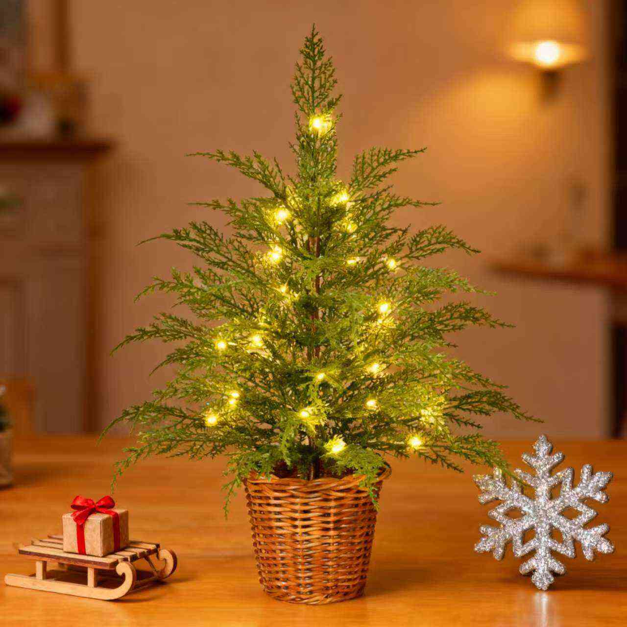 🎄Early Christmas Sale🔥24''  Pre-Lit Green Cypress Artificial Christmas Tree With Woven Basket