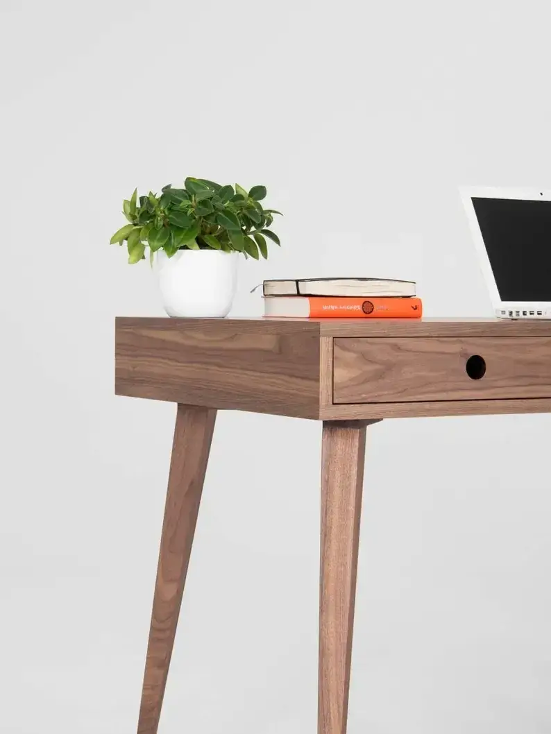 Wooden desk, mid century modern, walnut desk with three drawers;Send 1 stool(pictured)