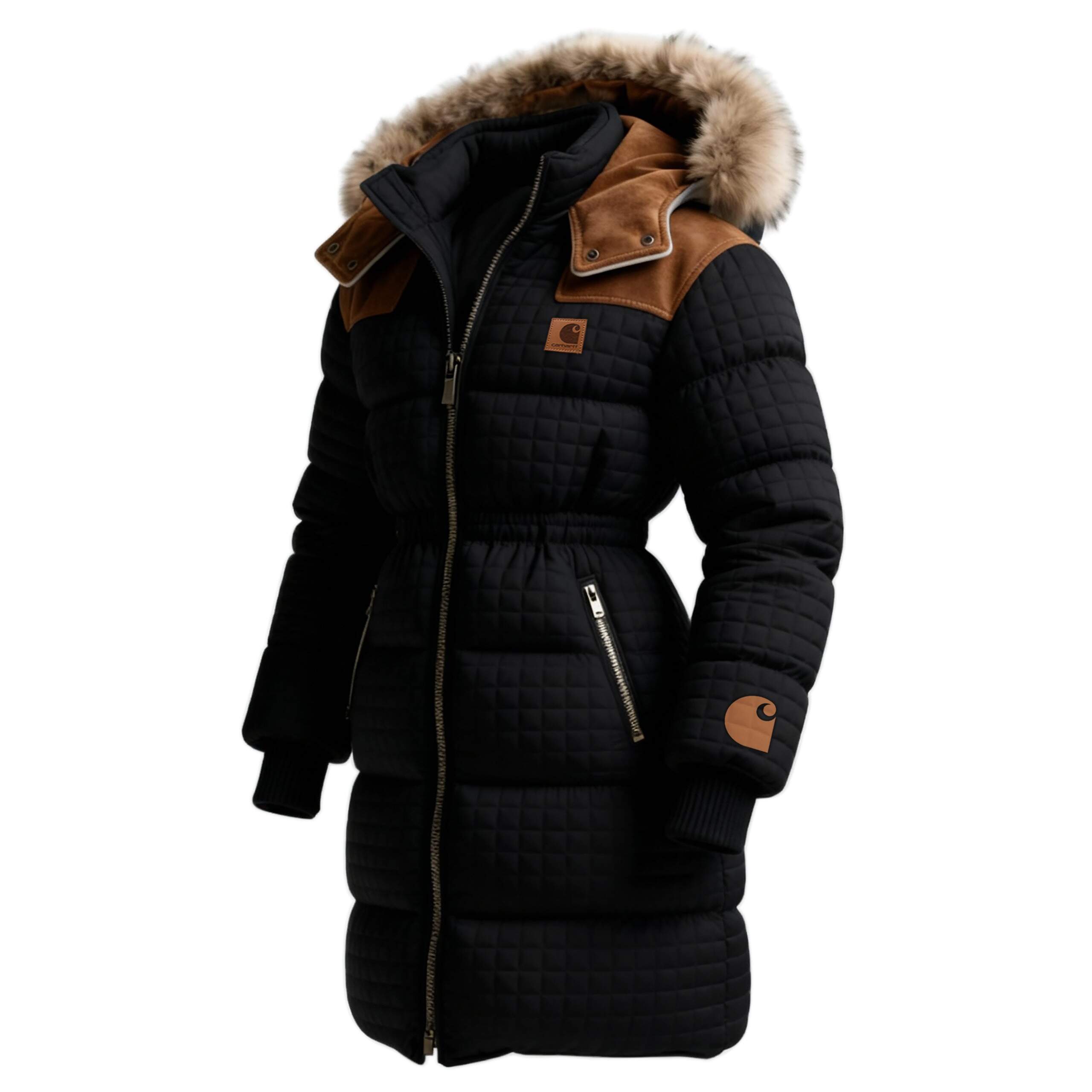 Women's Retro Western Style Waffle Contrast Suede Collar Hooded Mid-Length Jacket
