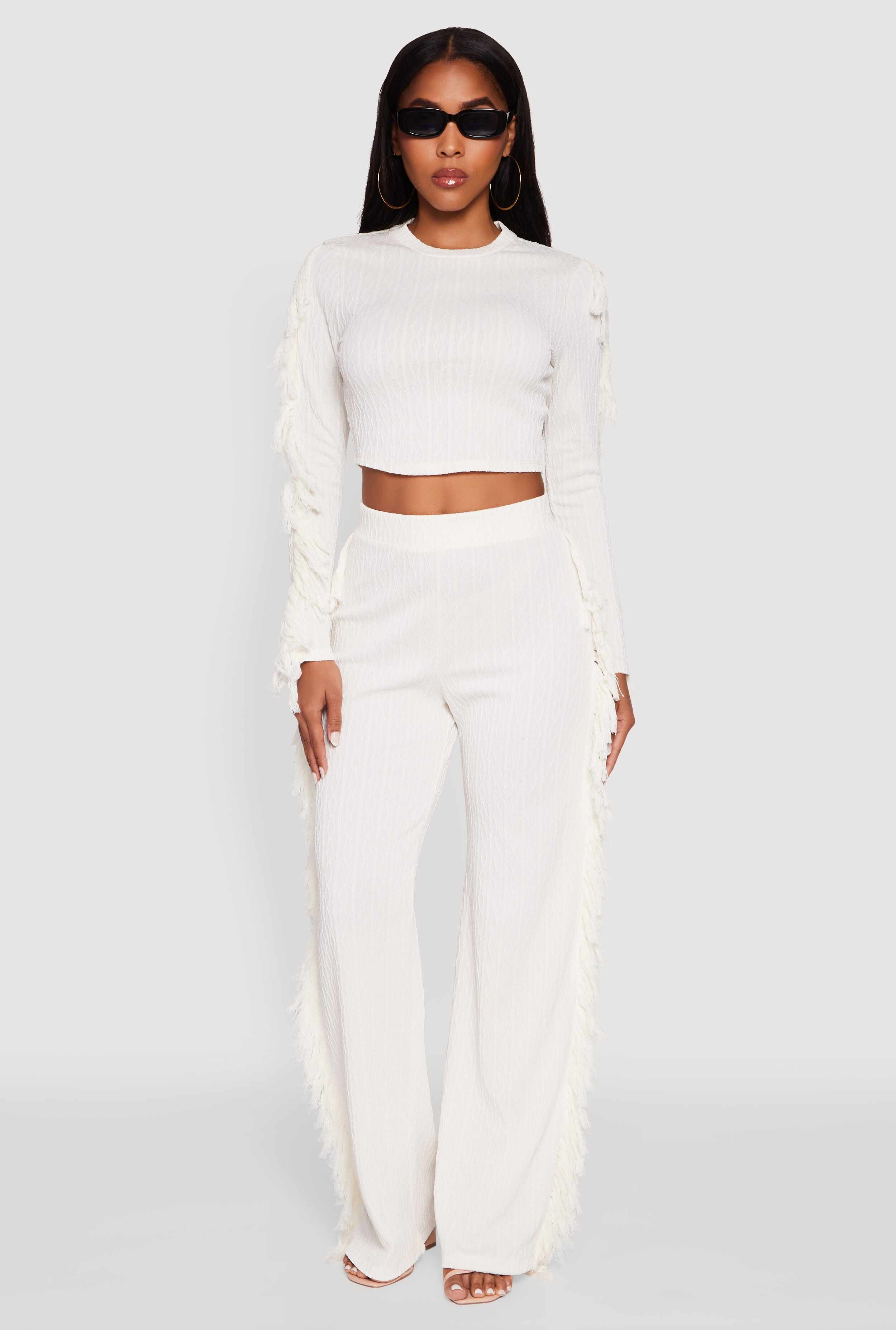 Textured Knit Long Sleeve Fringe Crop Top