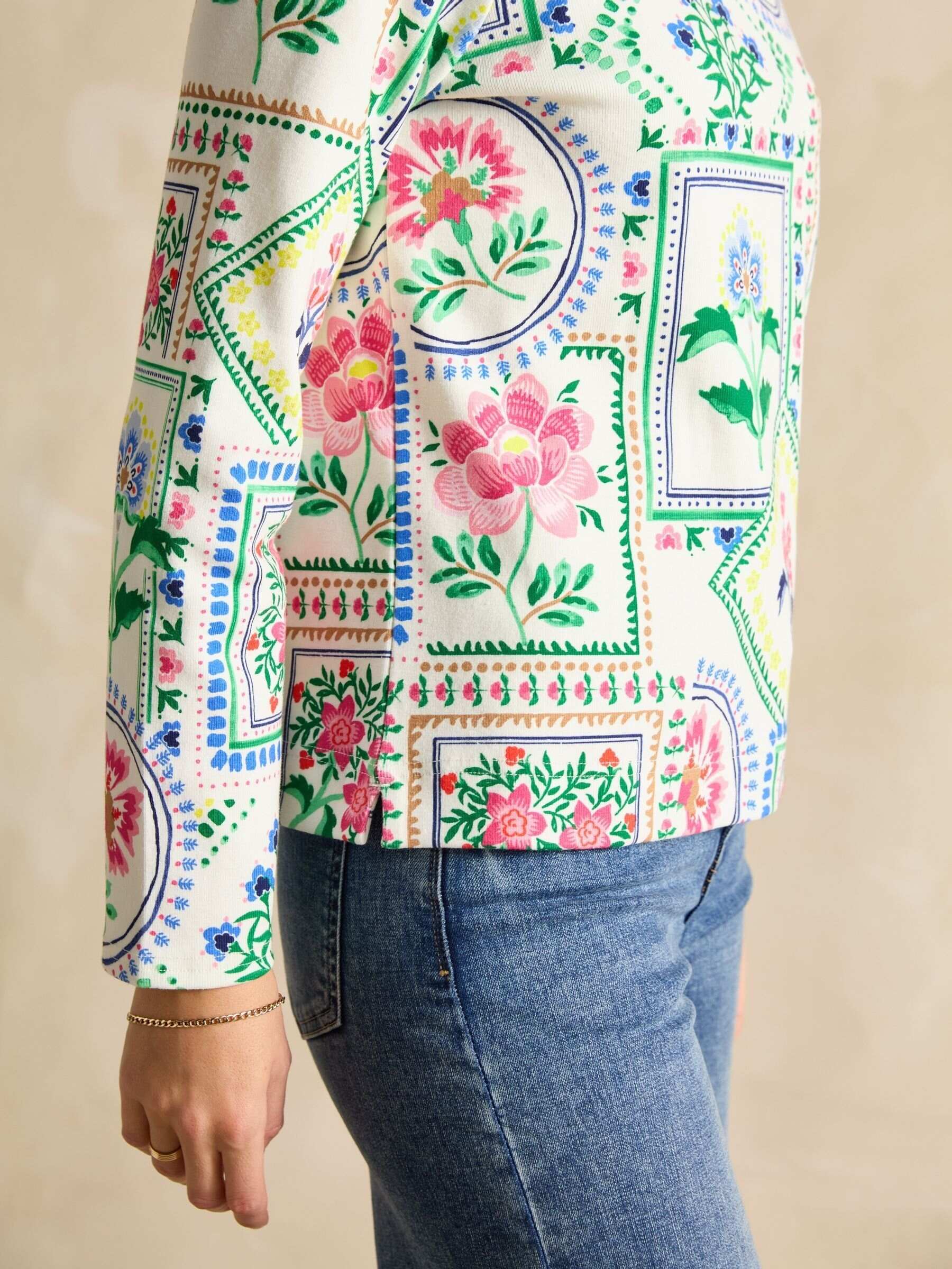 Harbour Cream Tile Print Boat Neck Printed Top