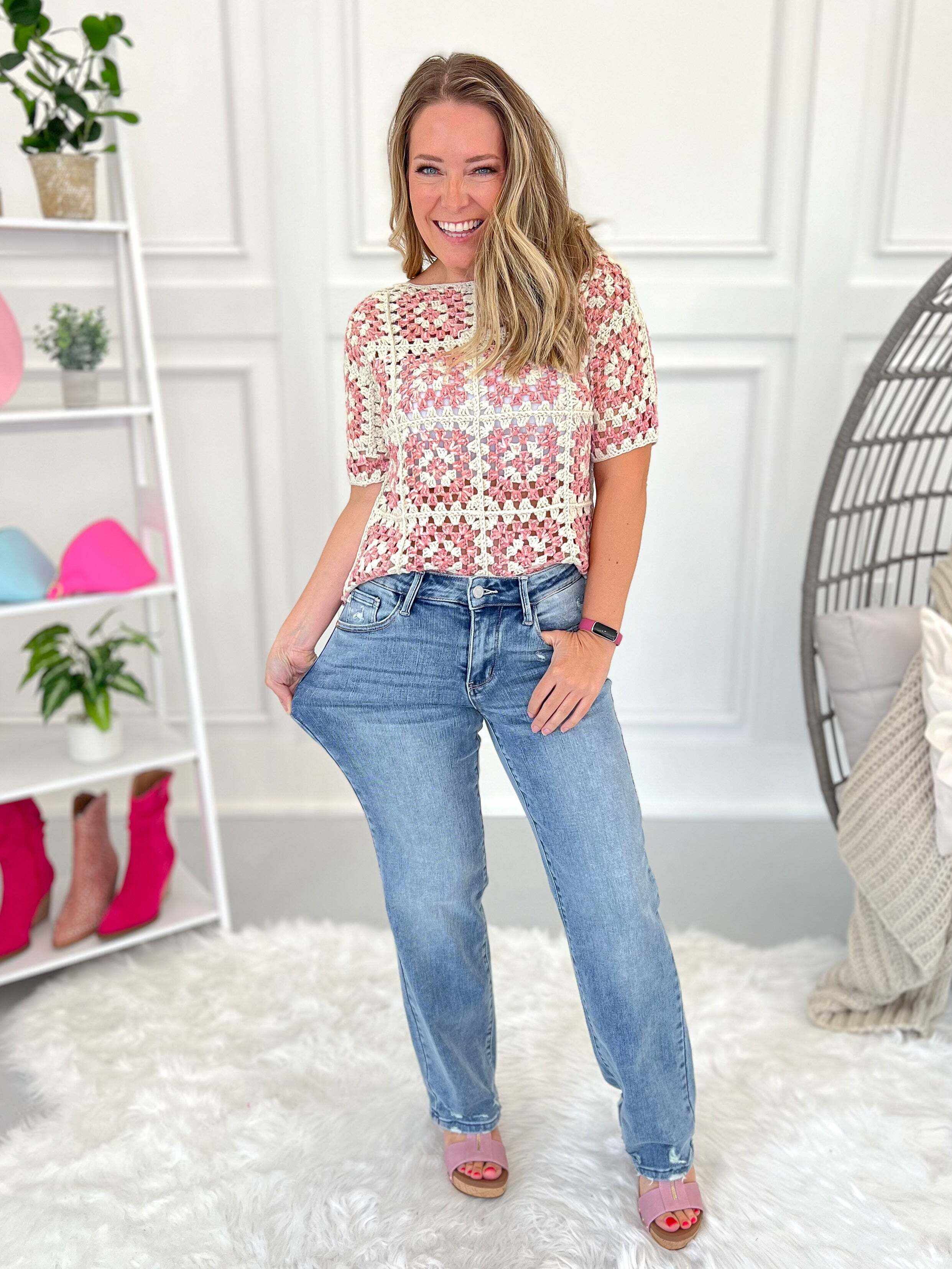 On Edge - Christmas Straight Jeans with Rose Gold Stitching- Final Sale