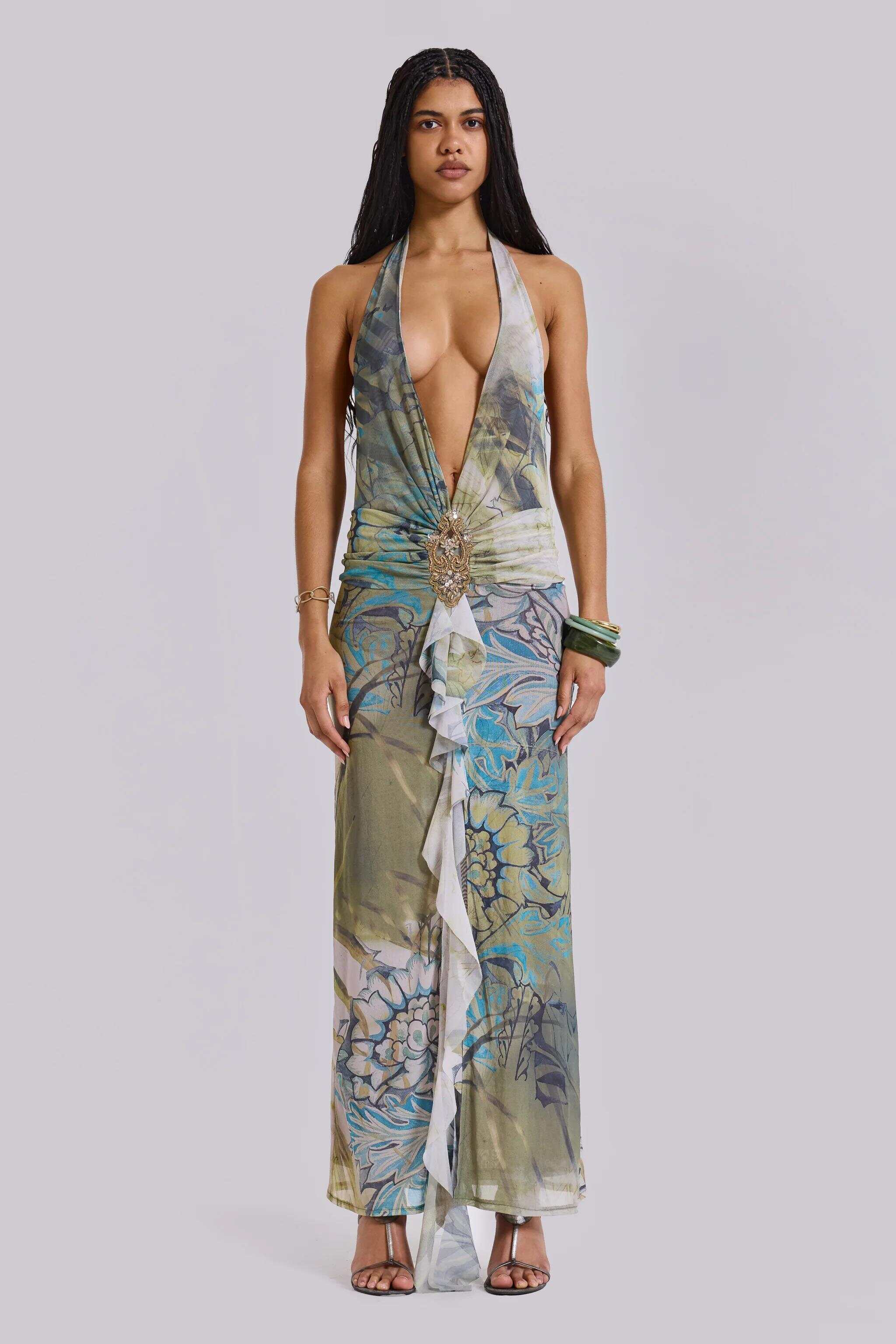 Cindy Plunge Maxi Dress In Green